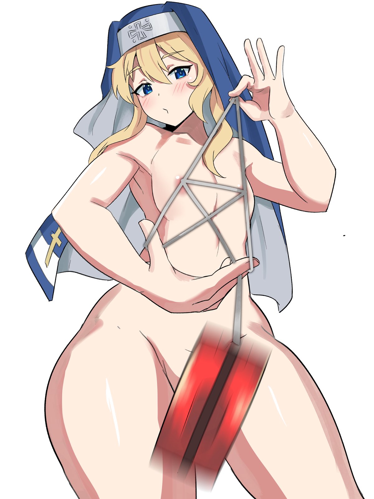 1boy bad_censor blonde_hair blue_eyes bridget covering guilty_gear habit light-skinned_male light_skin looking_at_viewer male male_only nude nun nun's_habit thick_thighs wide_hips ytrall