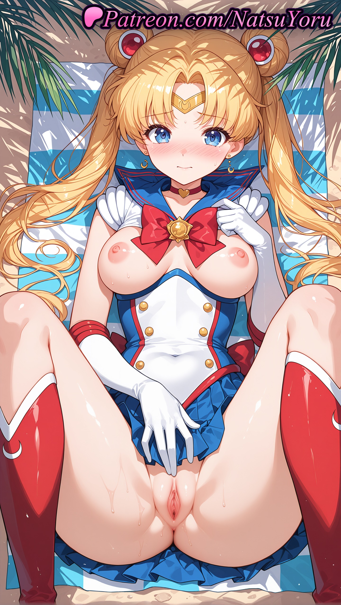 1girls, 2025, ai generated, alternate costume, anus, bishoujo senshi sailor moon, blonde hair, blue eyes, blue sailor collar, blue skirt, blush, boots, bow, breasts, choker, clothing aside, crescent, double bun, earrings, elbow gloves, exposed pussy, female, fingering self, gloves, hair buns, hi res, highres, jewelry, knee boots, long hair, looking at viewer, lying, lying on back, lying on ground, magical girl, medium breasts, natsuyoru, nipples, on back, outdoor masturbation, parted bangs, patreon, pink nipples, pussy, red bow, red choker, sailor moon, sailor senshi uniform, sailor uniform, skirt, solo, spread legs, twintails, uncensored, usagi tsukino, voluptuous, voluptuous female, white gloves