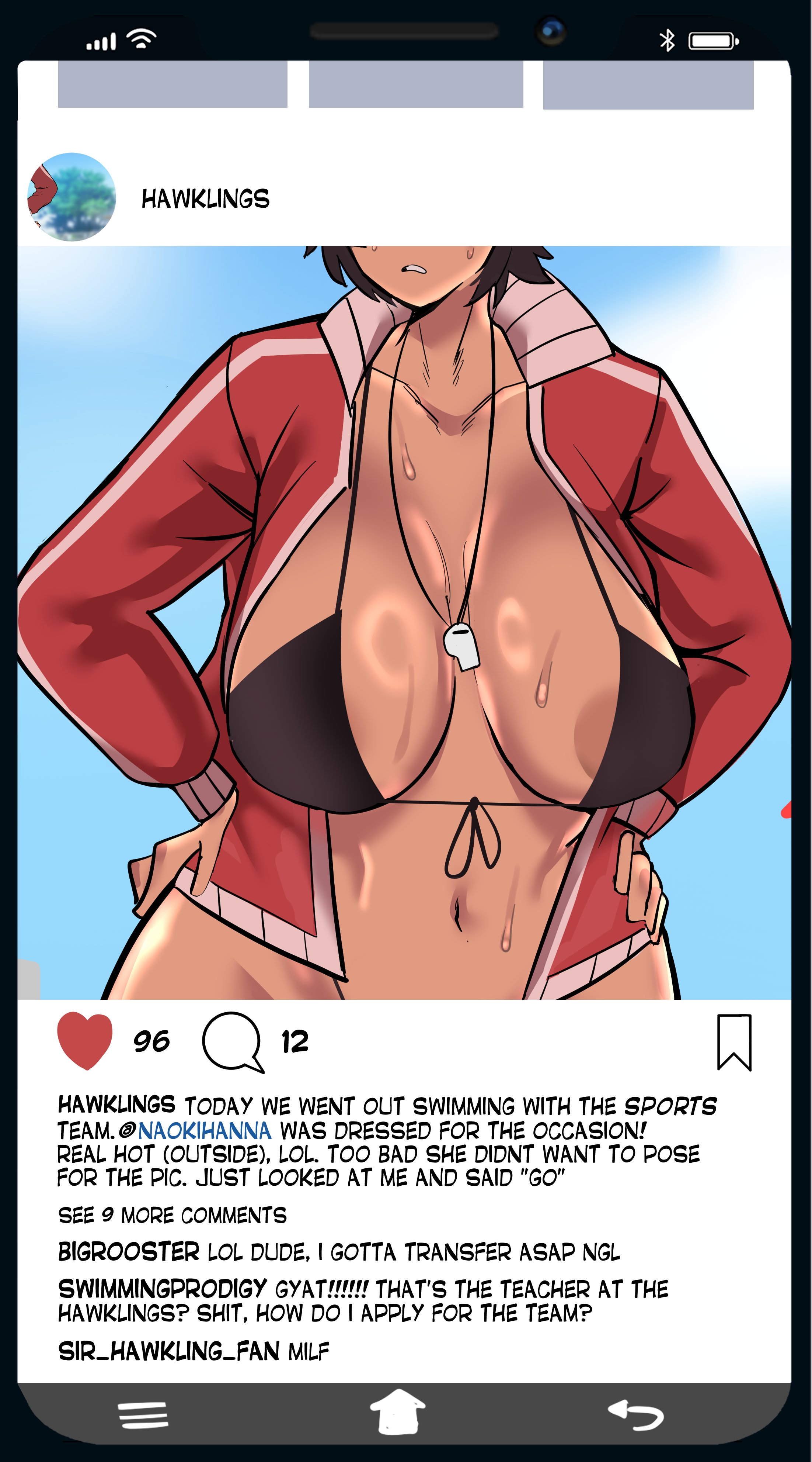 1girls, absurd res, annoyed, annoyed female, bikini, breasts, collarbone, english text, faceless female, female, hi res, huge breasts, instagram, naoki hanna, ocerius, original, original character, phone, phone screen, social media, solo, solo female, sweat, sweaty, sweaty breasts, tanned skin, whistle, whistle around neck