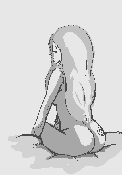 1girls adventure_time ass ass_tattoo cheeseblade female large_breasts long_hair looking_back monochrome nude_female parted_lips roselinen sitting solo