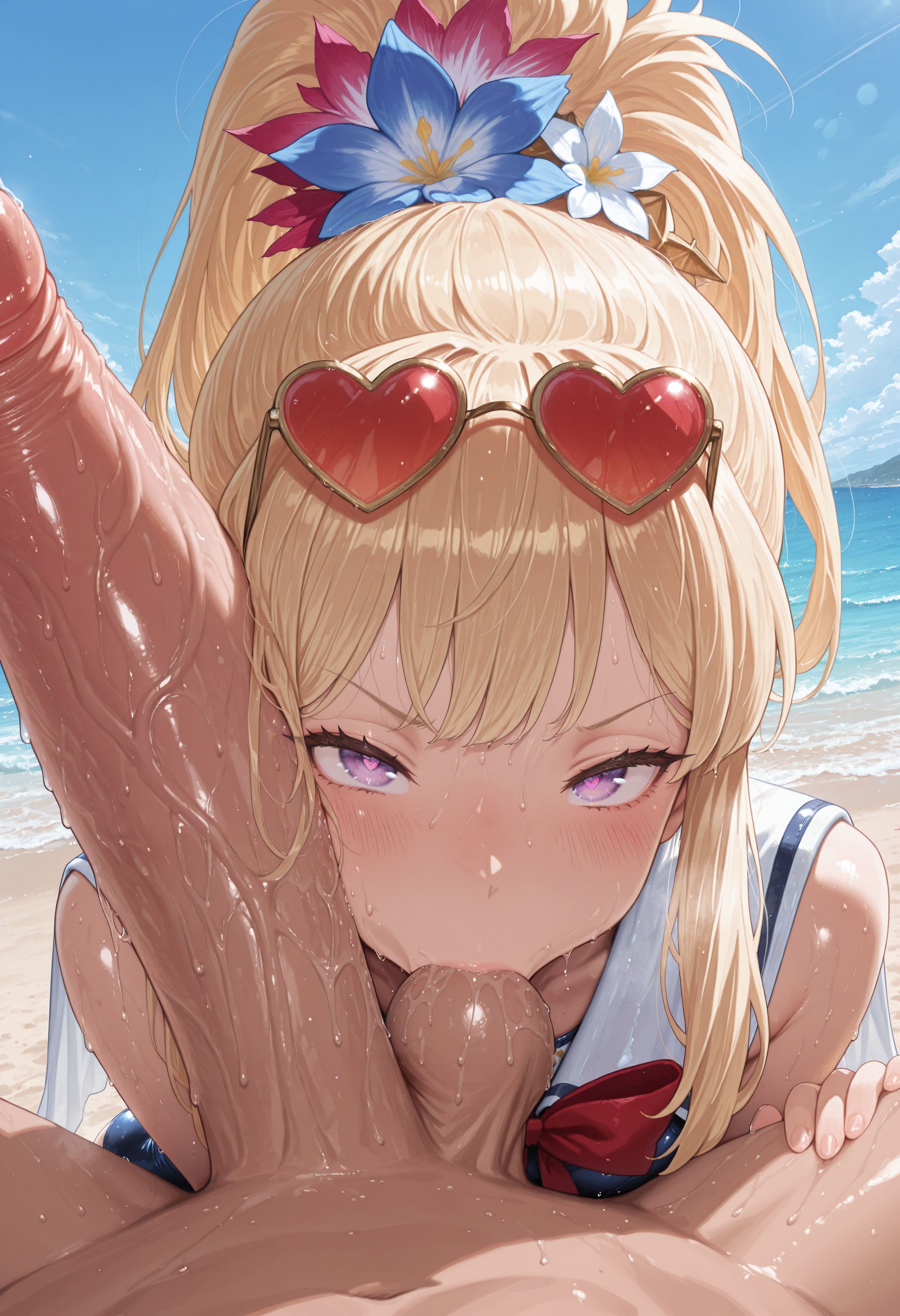 1boy, 1girls, absurdres, ai generated, aiya ayai, balls, blonde hair, blue one-piece swimsuit, blue sky, blue swimsuit, breasts, cagliostro (granblue fantasy), drooling, erection, fellatio, female, flower in hair, granblue fantasy, hair flower, hair ornament, hand on another's thigh, handjob, heart-shaped eyewear, heart-shaped pupils, hi res, highres, huge cock, large penis, long hair, looking at viewer, male, naughty face, one-piece swimsuit, oral, oral sex, outdoors, penis, penis on face, petite, ponytail, purple eyes, red bow, sailor collar, saliva, saliva trail, sidelocks, size difference, small breasts, sucking, sucking balls, sucking testicles, swimsuit, testicles, wet