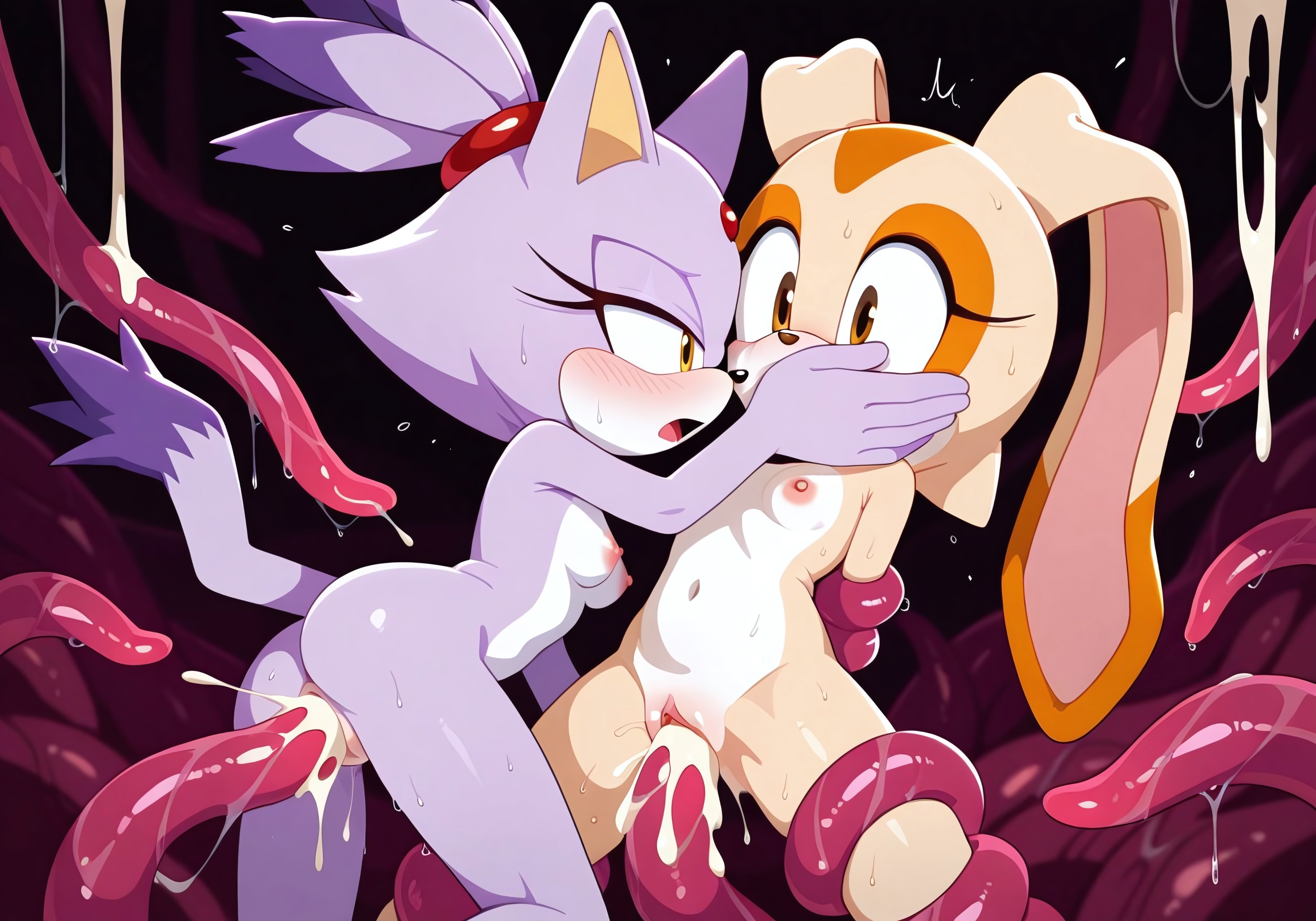 aged up, ai generated, ass, blaze the cat, blush, bound, breasts, cream the rabbit, cum, cum in pussy, dominant, female, femdom, forced yuri, half-closed eyes, hand covering mouth, hand over another's mouth, moaning, pussy, small breasts, sonic (series), sonic the hedgehog (series), tentacle, tentacle bondage, tentacle in pussy, tentacle sex, wide eyed, yuri