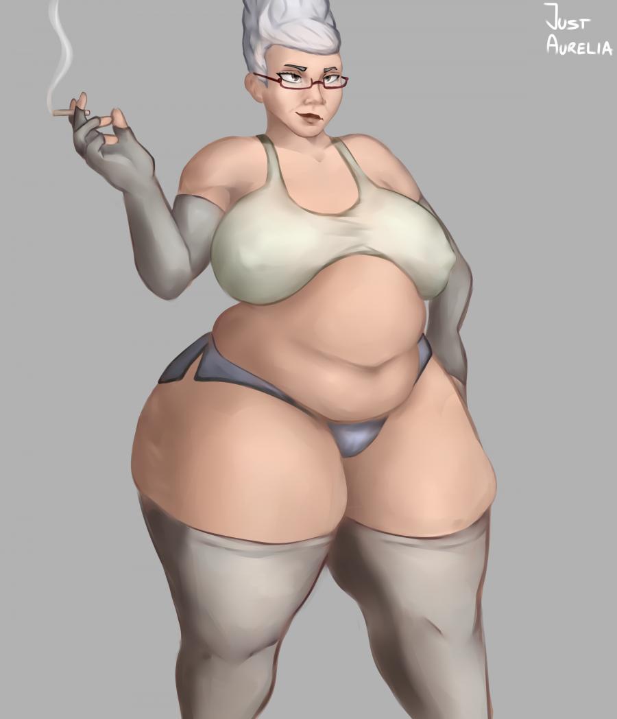 ass, ayase seiko, bbw, big ass, big belly, big butt, breasts, chubby, chubby belly, chubby female, dandadan, dolphin shorts, female, gilf, justaurelia, shorts, smoking, stockings, thick thighs, thighs