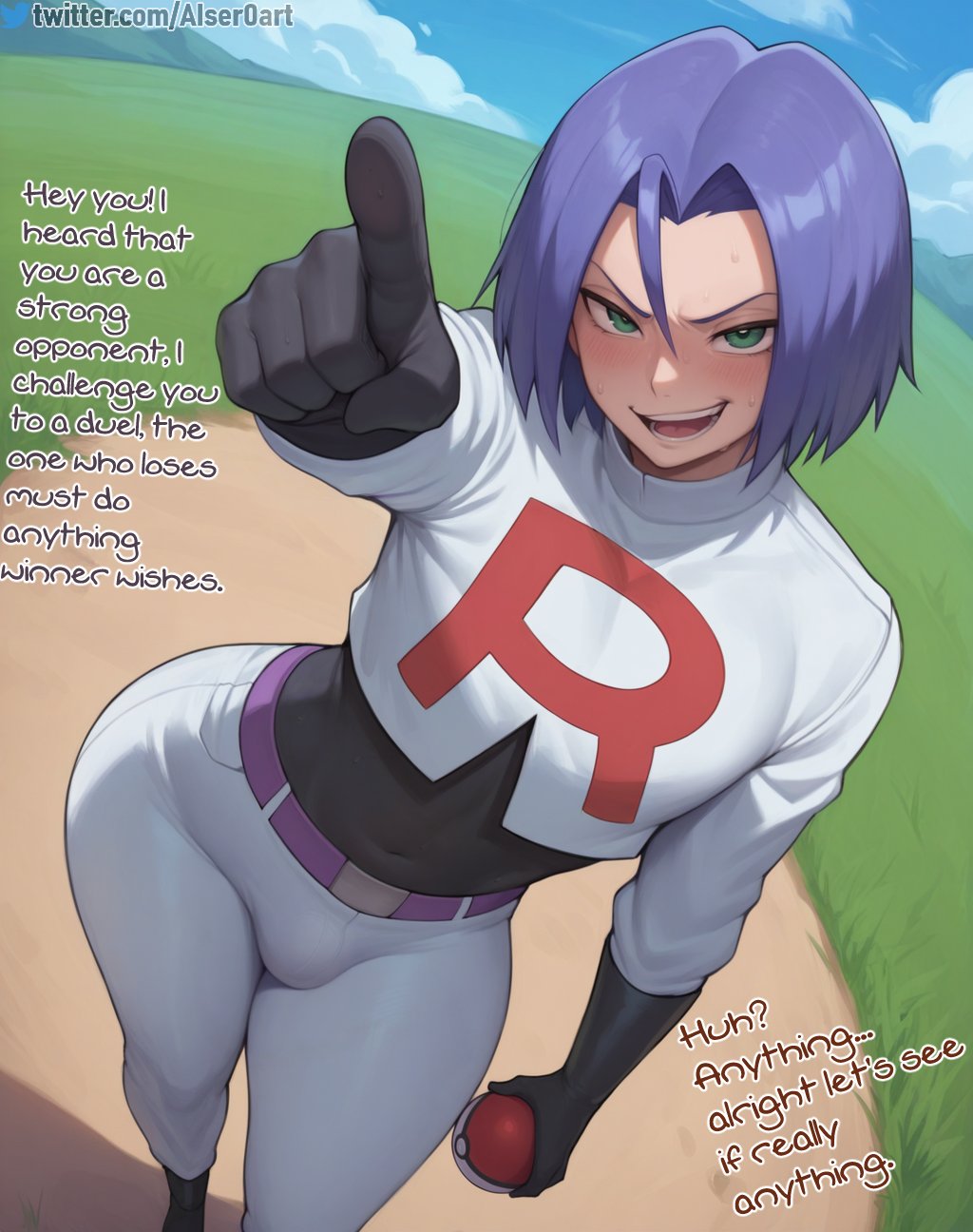 ai generated, aiser0, blue hair, challenge, clothing, english text, femboy, james (pokemon), light skin, light-skinned male, looking at viewer, male, pokeball, pokemon, provocative, solo, solo male, text, wet body, wide hips
