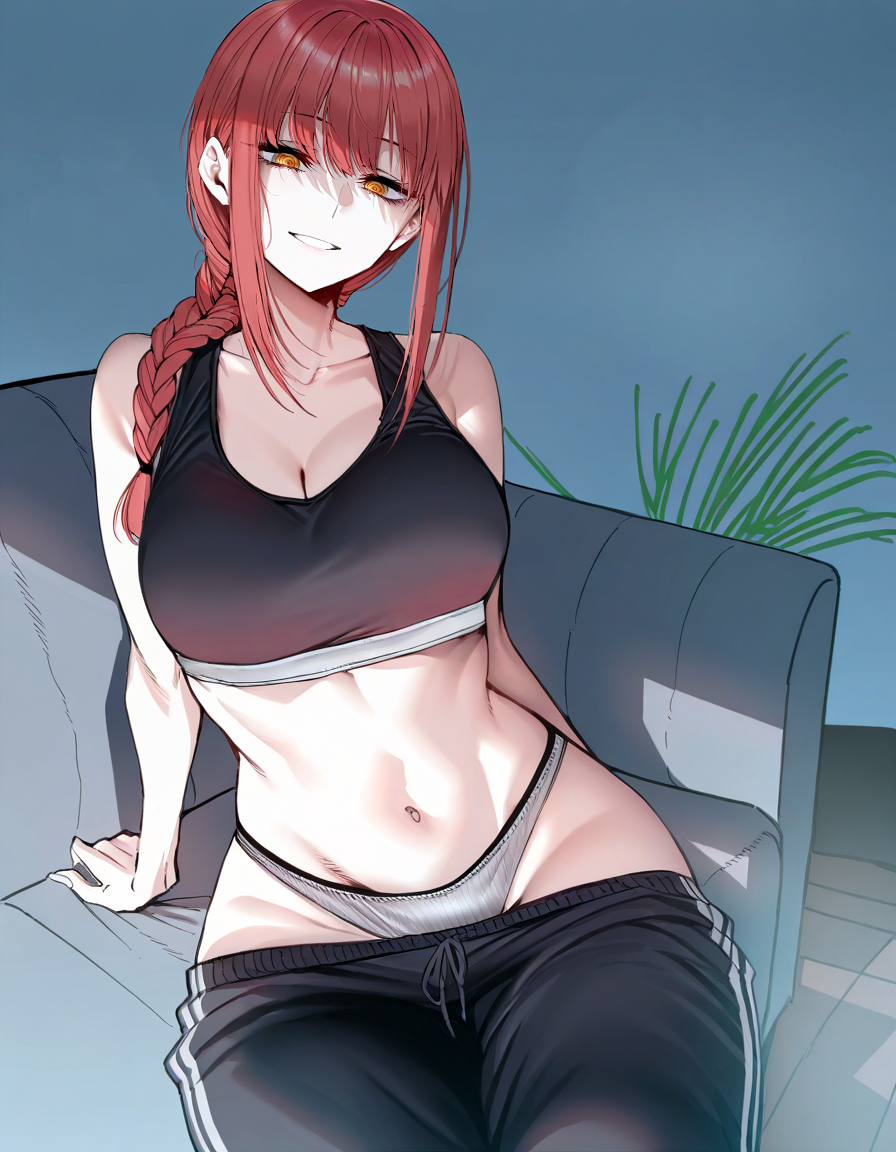 1girls, ai generated, black bra, black pants, black sports bra, chainsaw man, female, female only, makima (chainsaw man), panties, pants, pants down, red hair, solo, sports bra, white panties, zloimakak