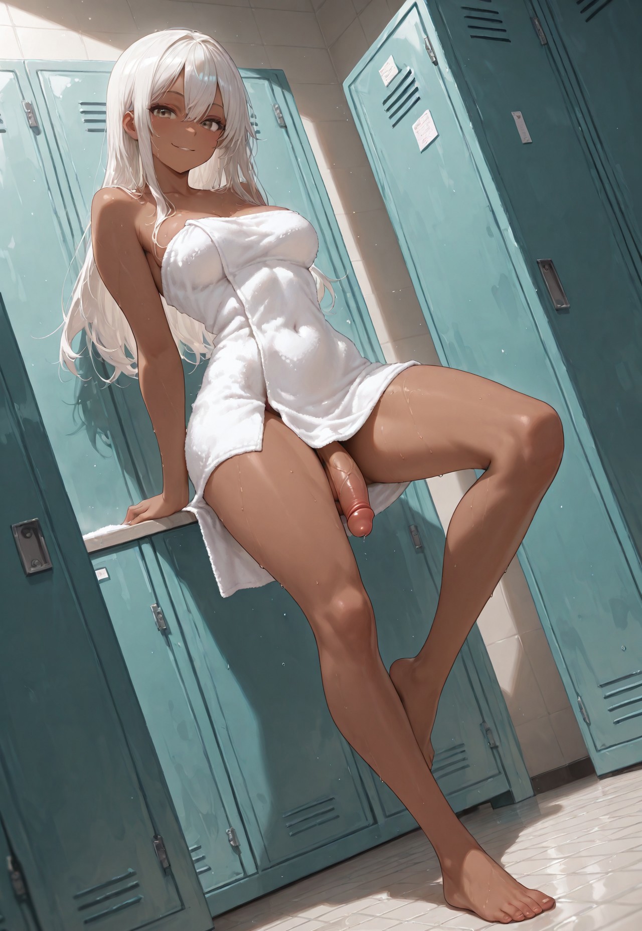 1futa, action girl (jamesbron), ai generated, balls, breasts, dark skin, dark-skinned futa, dutch angle, female, flaccid, from below, futa only, futanari, hazel eyes, intersex, jamesbron, knee up, leaning back, locker room, long hair, looking at viewer, low-angle view, medium breasts, navel, navel visible through clothes, no panties, penis, smile, solo, solo futa, standing, thighs, towel, towel only, white hair, wide hips