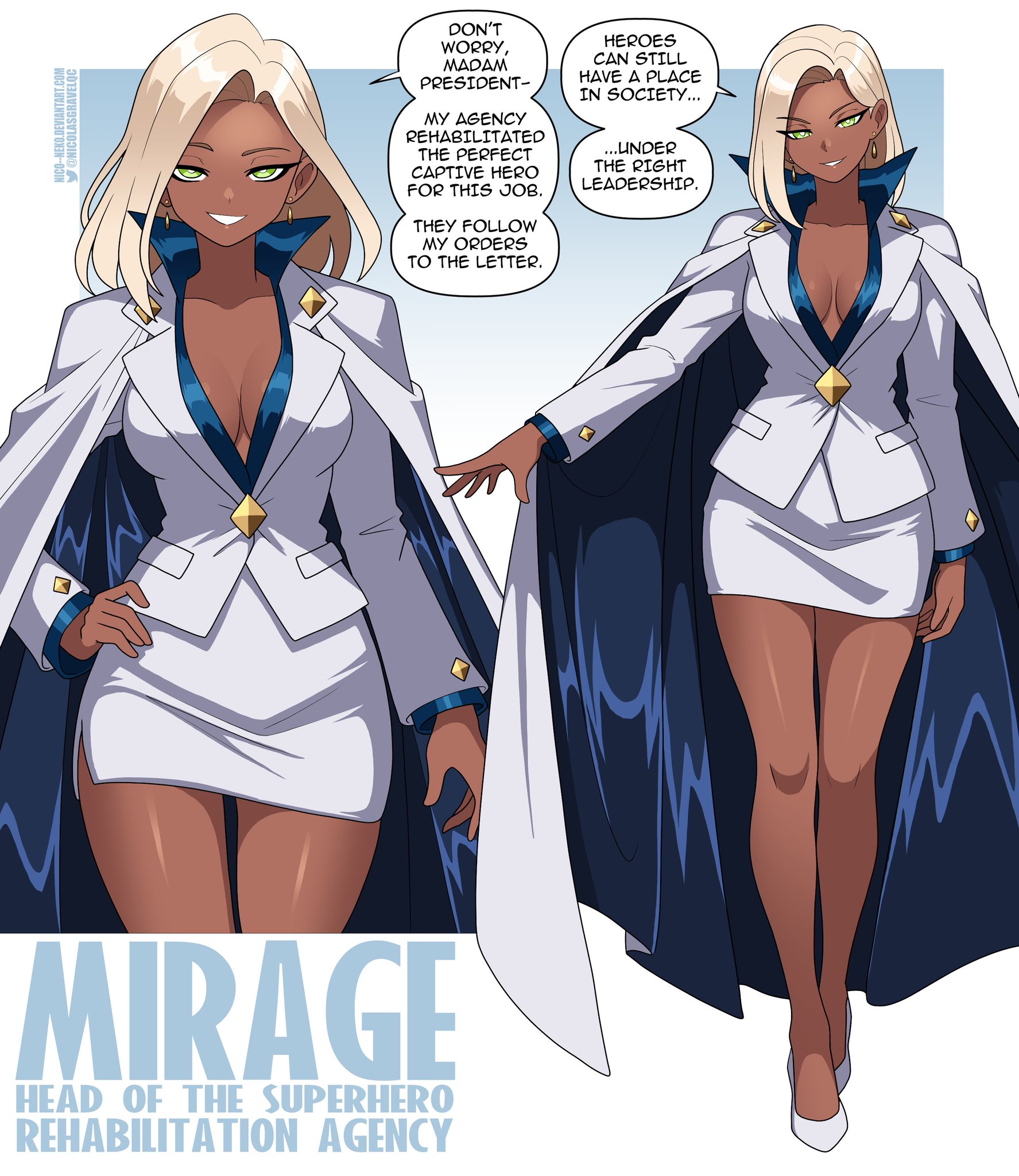1girls, alternate universe, ass, big ass, big breasts, breasts, business suit, business woman, bust, busty, chest, cleavage, curvaceous, curvy, curvy figure, dark skin, dark-skinned female, digital media (artwork), disney, female, green eyes, high heels, hips, hourglass figure, huge ass, huge breasts, large ass, large breasts, legs, long hair, mature, mature female, mirage (the incredibles), nico-neko, nicolasgravelqc, oc, original character, pencil skirt, pixar, plunging neckline, slim, slim waist, the incredibles, thick, thick hips, thick legs, thick thighs, thighs, villain, villainess, villainess mirage, voluptuous, waist, white hair, wide hips