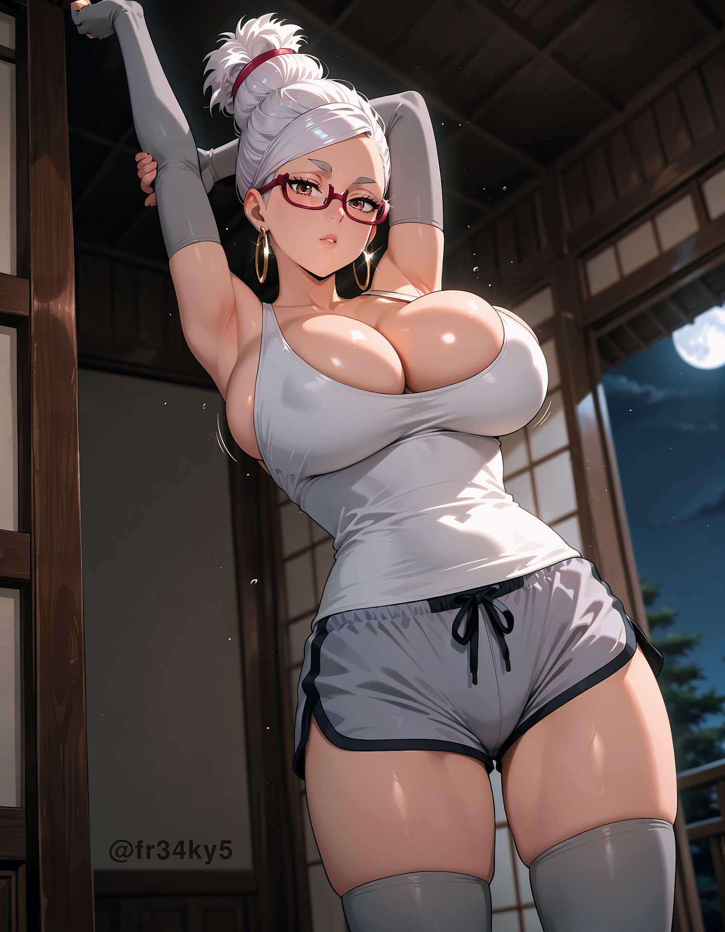 ai generated, ayase seiko, breasts, cleavage, cloth, clothed, dandadan, dolphin shorts, female, fr34ky, gilf, glasses, huge breasts, looking at viewer, milf, shiny skin, shorts, straining clothing, stretching, stretching arms, white hair