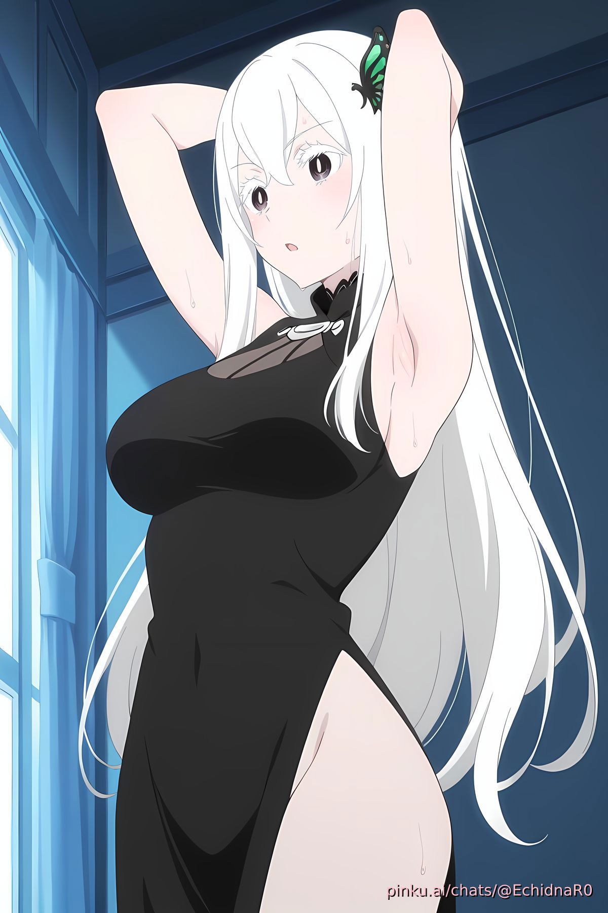 ai generated, armpits, belly button, echidna (re:zero), female, pinku.ai, re:zero kara hajimeru isekai seikatsu, see-through, skintight, sweat