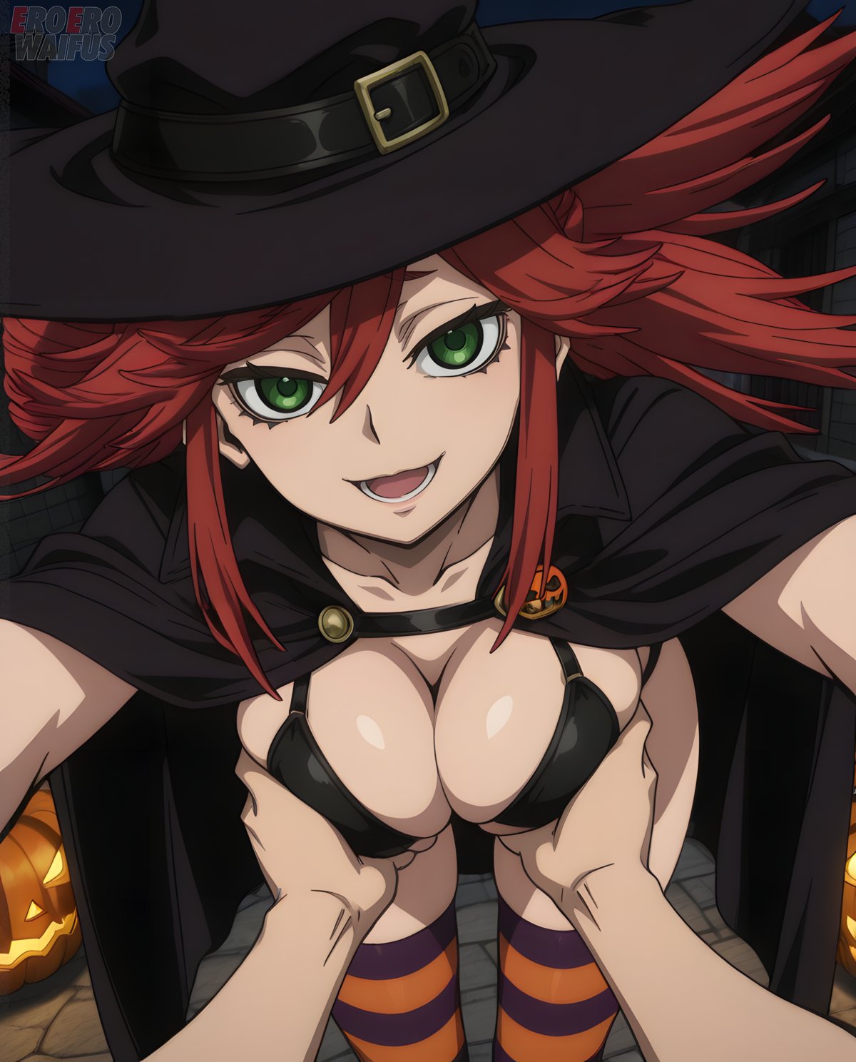 1boy, 1girls, ai generated, athletic female, bare thighs, bikini, breast grab, breasts, eroero waifus, female, gachiakuta, green eyes, halloween, huge breasts, huge thighs, large breasts, light skin, light-skinned female, looking at viewer, male, red hair, riyou reaper, smiling, squatting, stockings, sweat, sweatdrop, thick body, thick female, thick thighs, thighs, twintails, voluptuous, voluptuous female, witch hat