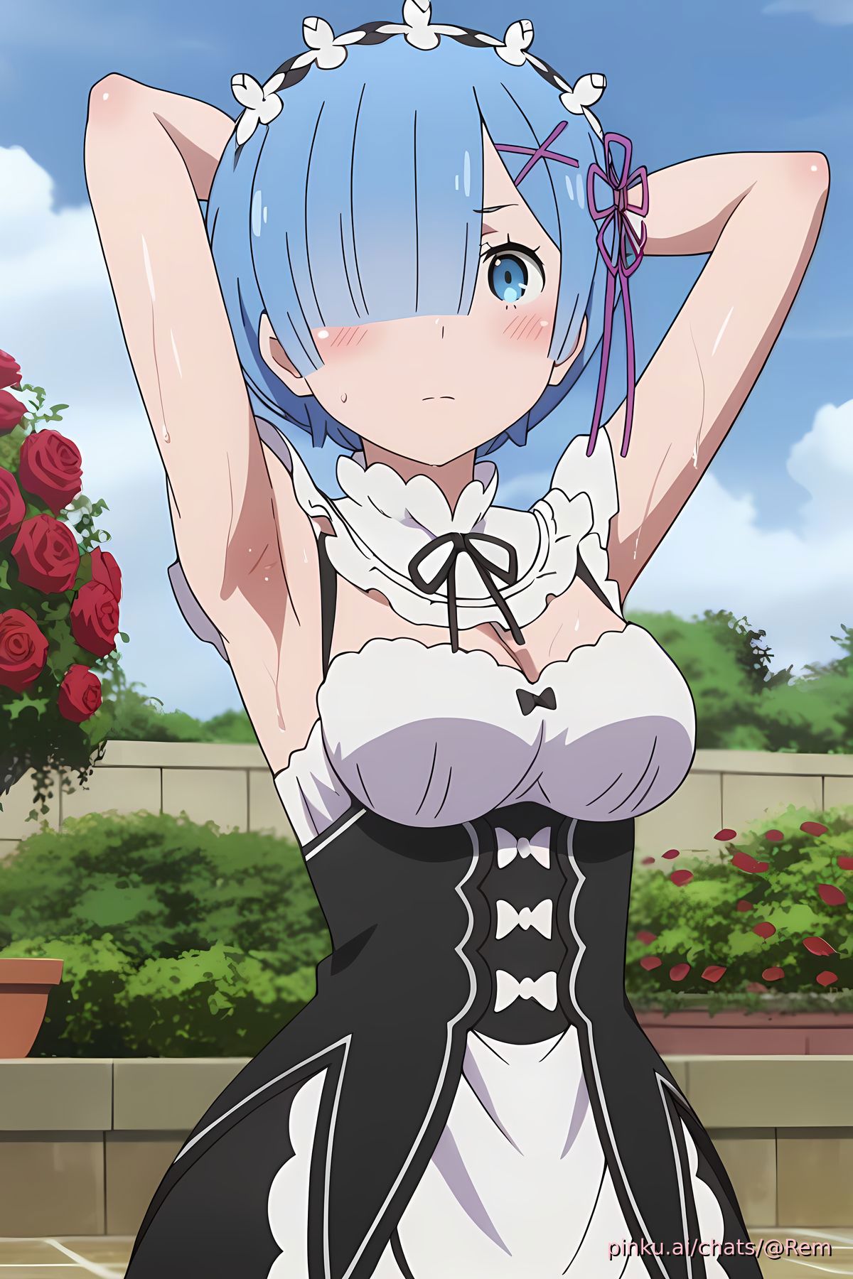 ai_generated armpits blue_hair blush garden maid pinku.ai re:zero_kara_hajimeru_isekai_seikatsu rem_(re:zero) sweat