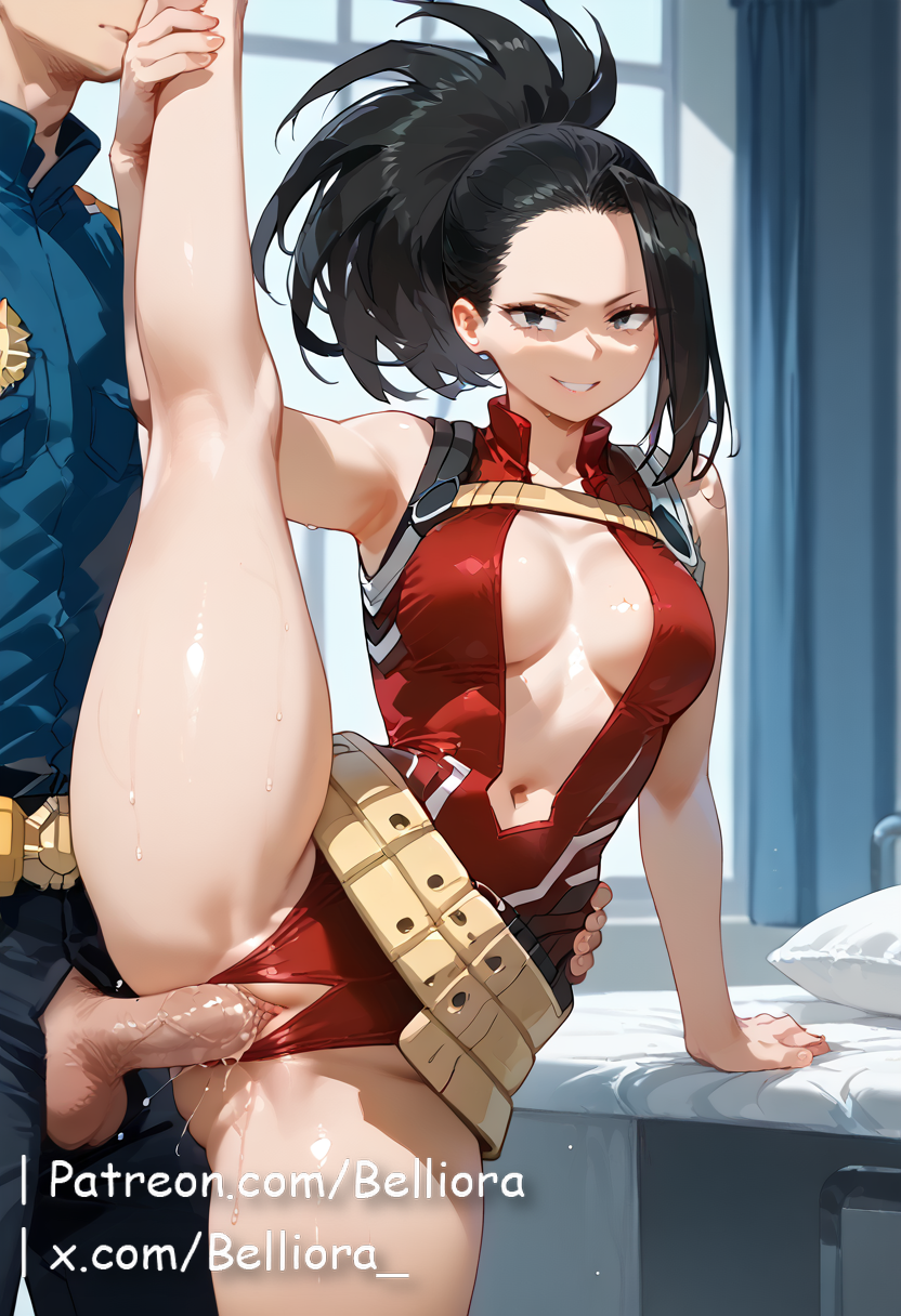 1boy 1girls ai_generated artist_name belliora belt black_hair boku_no_hero_academia breasts center_opening clothed_sex clothing_aside female grin hair_pulled_back leg_lift leg_up leotard leotard_aside momo_yaoyorozu my_hero_academia navel patreon patreon_username penis ponytail pussy pussy_juice red_leotard sex smile split standing standing_on_one_leg standing_sex standing_split straight uncensored vaginal_penetration web_address