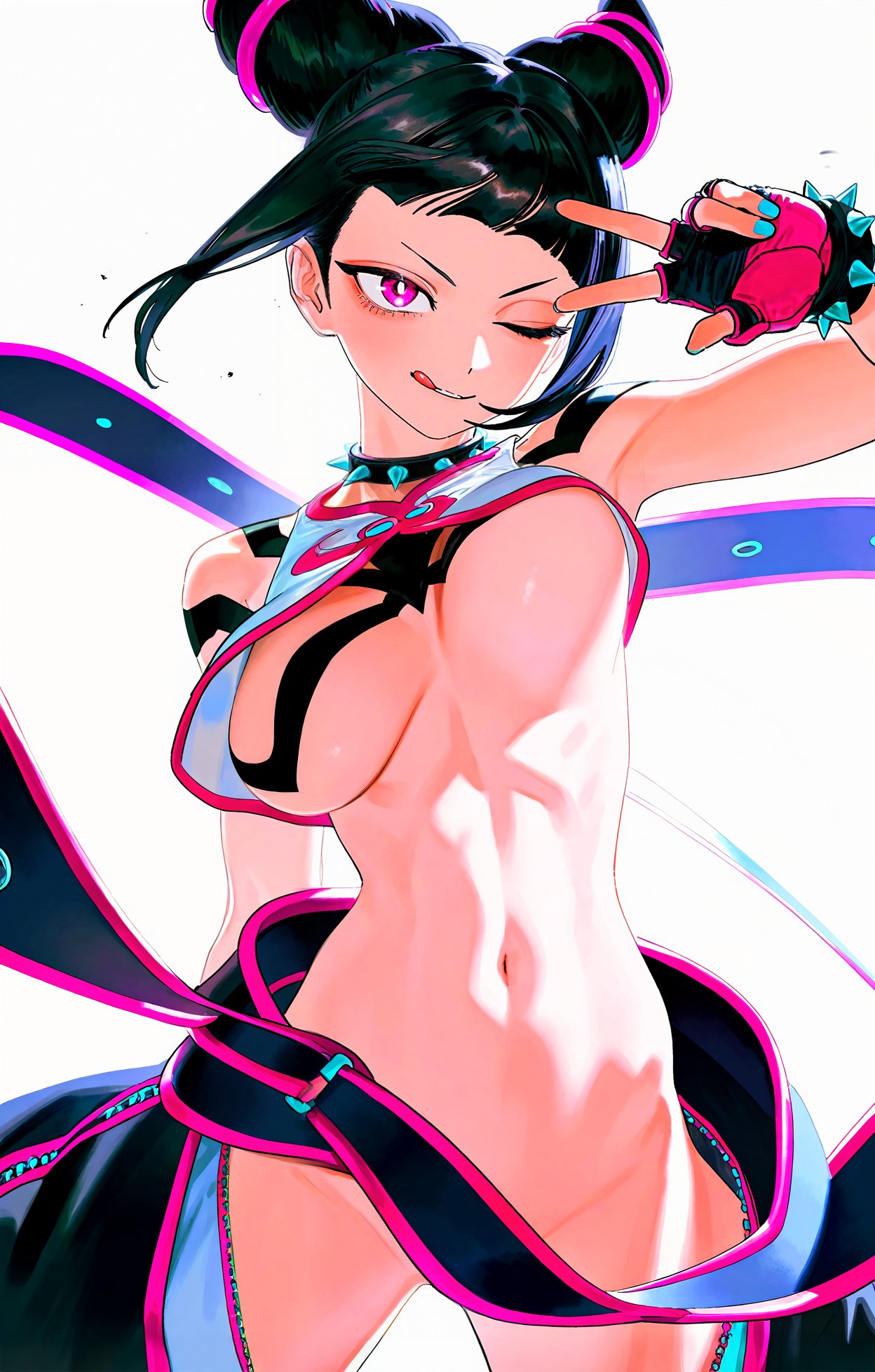 1girls, ai generated, barely clothed, black hair, body markings, breasts, convenient censoring, female, juri han, medium breasts, navel, solo, street fighter, tongue, tongue out, underboob, v, wink