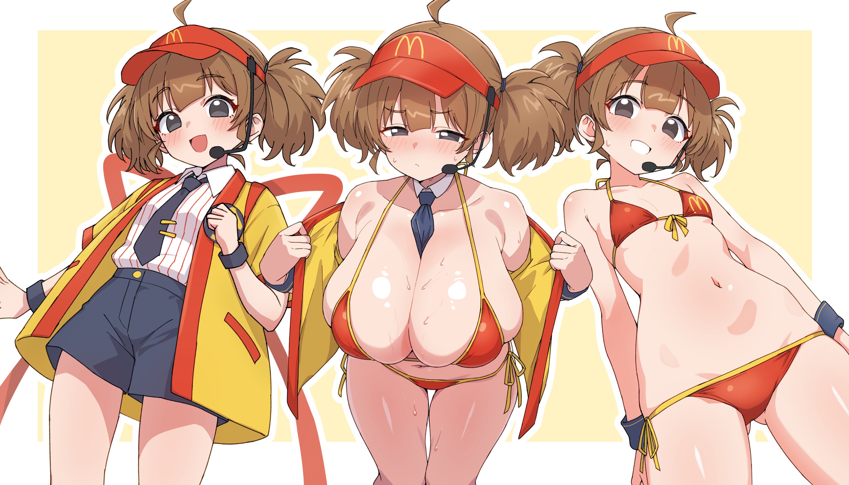 alternate breast size, big breasts, big eyes, big head, bikini, breasts, double cheese (mcdonald's), female, huge breasts, kamidan, large breasts, looking at viewer, mcdonald's, no artist signature, no nostrils, shorts, small nose, smile, thin arms, thin thighs, twintails, uniform, very small nose, work uniform