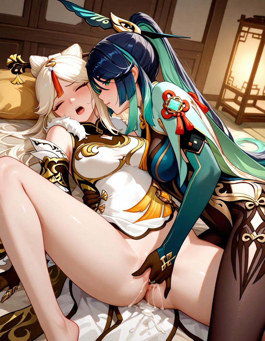 ai generated, defeated, dominate, dominated female, female, femdom, fingering, fingering pussy, genshin impact, ningguang (genshin impact), pussy, xianyun (genshin impact), yuri