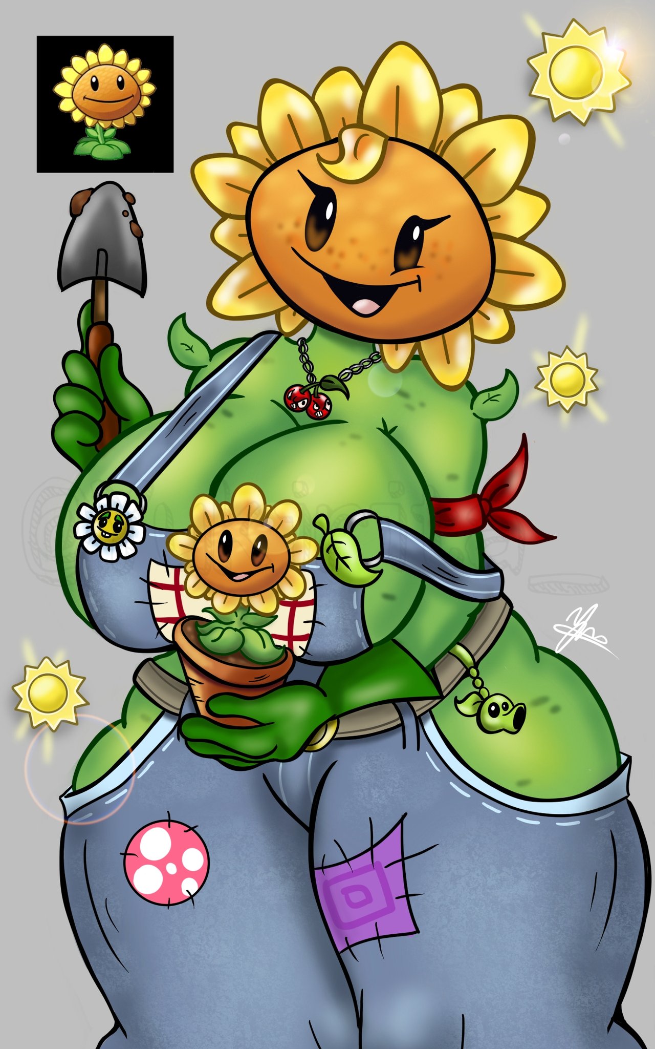 1girls anthro anthrofied ass big_breasts breasts breasts female flora_fauna freckles larger_female overalls patch plant plant_girl plant_humanoid plantie plants_vs._zombies plants_vs_zombies popcap_games pussy sunflower_(pvz) thick_thighs tight_clothing yukirita