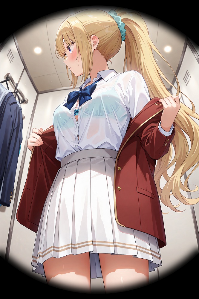 1girls, ai generated, changing room, classroom of the elite, female, female only, karuizawa kei, nude, panties, petite, school, school uniform, schoolgirl, solo, spying, undressing