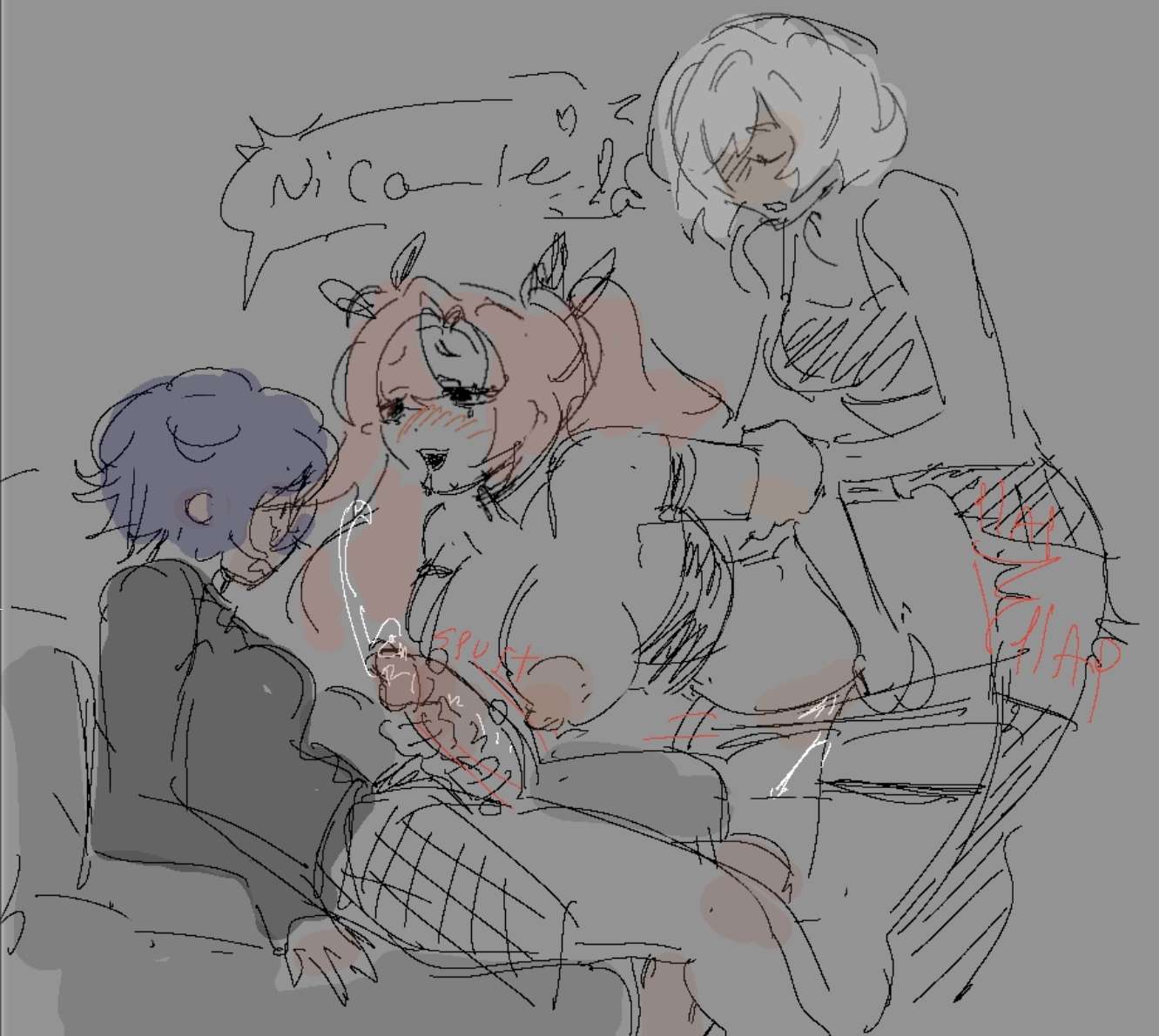 1girls, 2futas, 3girls, anby demara, belle (zenless zone zero), breasts, breasts out, female, futa on female, futa with female, futanari, handjob, intersex, mihoyo, nicole demara, penetration, penetration from behind, sketch, sweeter kiwiis, text, zenless zone zero