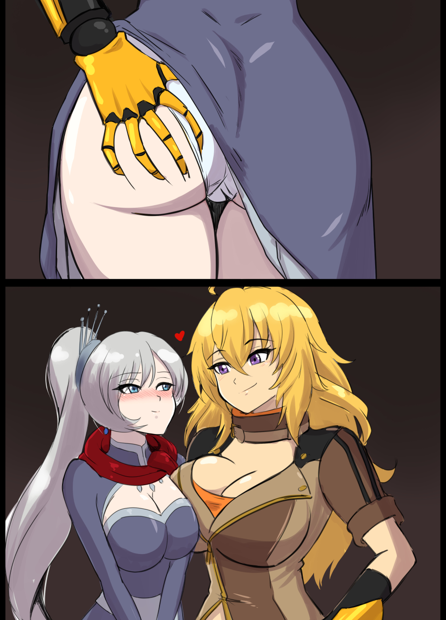 2girls, 2koma, 64571, 6457i, ass, ass focus, ass grab, big ass, big breasts, blonde hair, blue eyes, blush, breast press, breasts, busty, cleavage, close-up, comic, duo, fat ass, female, female only, flustered, grey hair, groping, hand on own hip, heart, highres, huge ass, huge breasts, large breasts, lesbian focus, light skin, light-skinned female, long hair, looking pleasured, multiple females, multiple girls, panties, pleasure face, pleasured, purple eyes, rwby, side ponytail, smile, tagme (artist), underwear, voluptuous, weiss schnee, white panties, yang xiao long, yuri