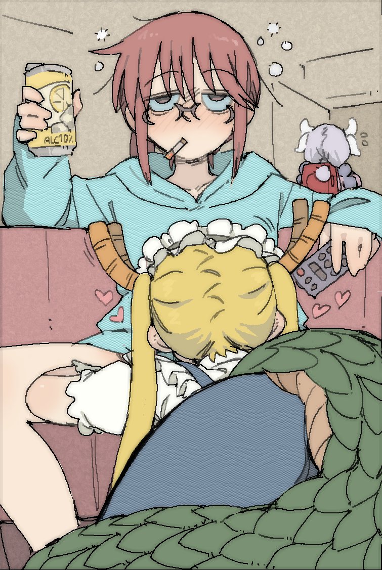 3girls, alcohol, alcoholic, amlogamer, beer, beer can, blonde hair, blue hoodie, blush, brown eyes, cigarette, cigarette in mouth, couch, cunnilingus, disinterested, disinterested sex, dragon horns, dragon tail, female, femdom, femsub, glasses on face, hazel eyes, heart, hearts around head, human dominating, implied oral, kanna kamui, kobayashi, kobayashi-san chi no maidragon, maid headdress, maid uniform, oral, pink couch, pink hair, red backpack, remote control, smoking, smoking cigarette, stealth oral, stealth sex, tohru (dragon maid), tv remote, unaware, yuri