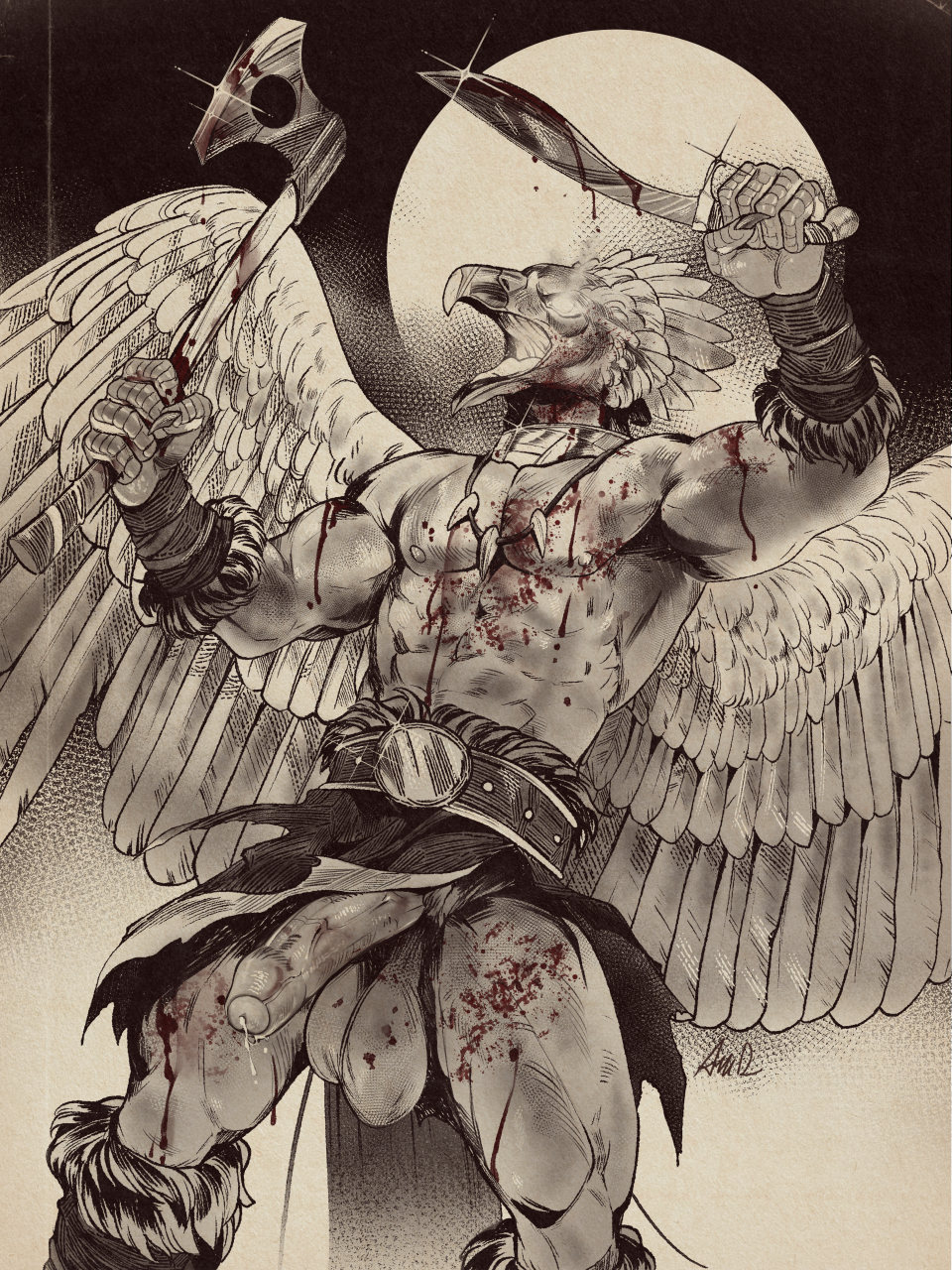 abs ama_dench_art anthro avian axe balls beak big_balls blood bodily_fluids digital_drawing_(artwork) digital_media_(artwork) foreskin genital_fluids genitals hi_res humanoid_genitalia humanoid_penis male male_only muscular muscular_anthro muscular_male nipples open_mouth penis precum restricted_palette solo uncircumcised weapon wings xjal