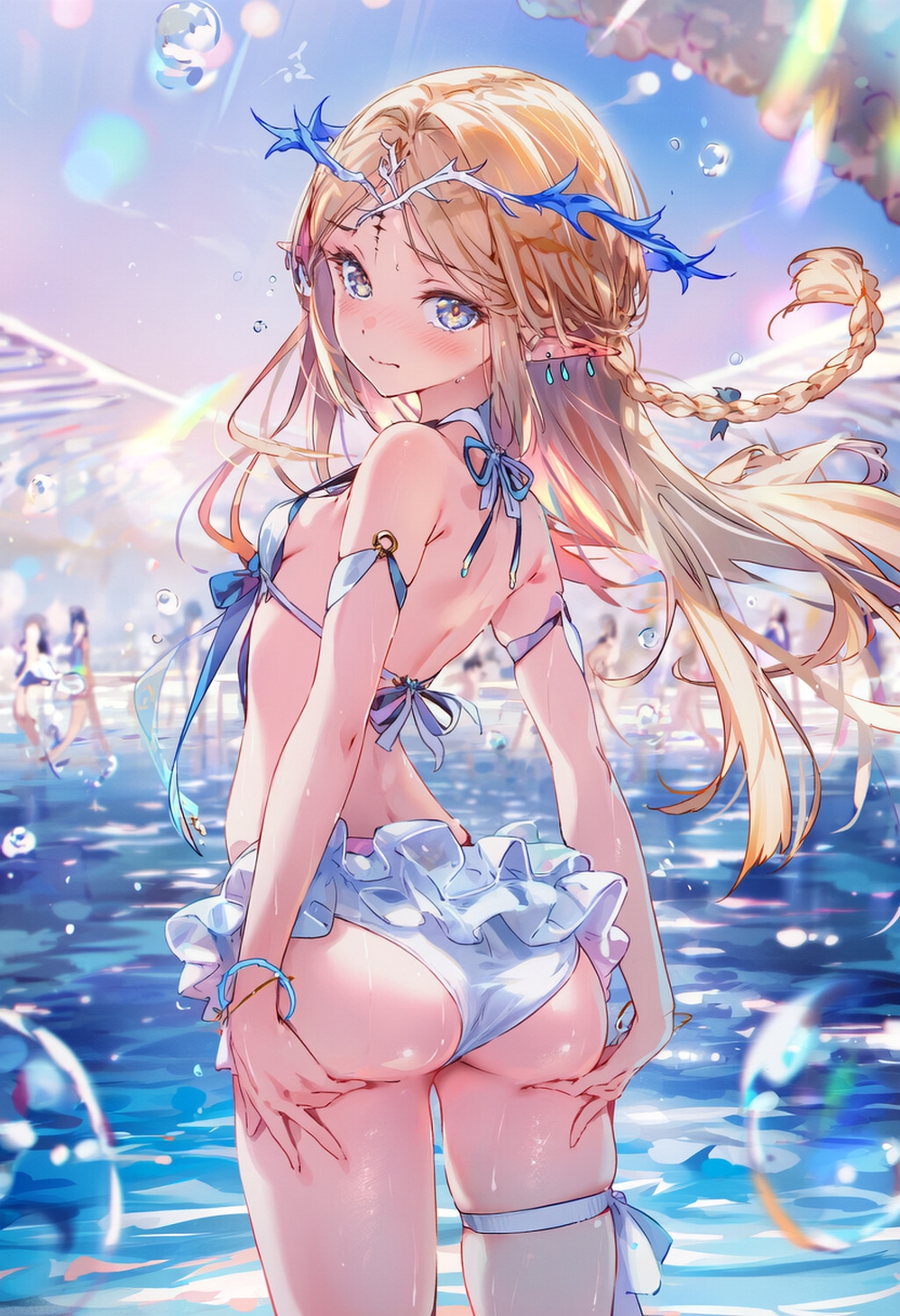 ai generated, bikini, blonde-haired female, cartethyia (wuthering waves), curvy body, curvy female, embarrassed female, female, female only, hands on ass, raaicave, solo, wuthering waves