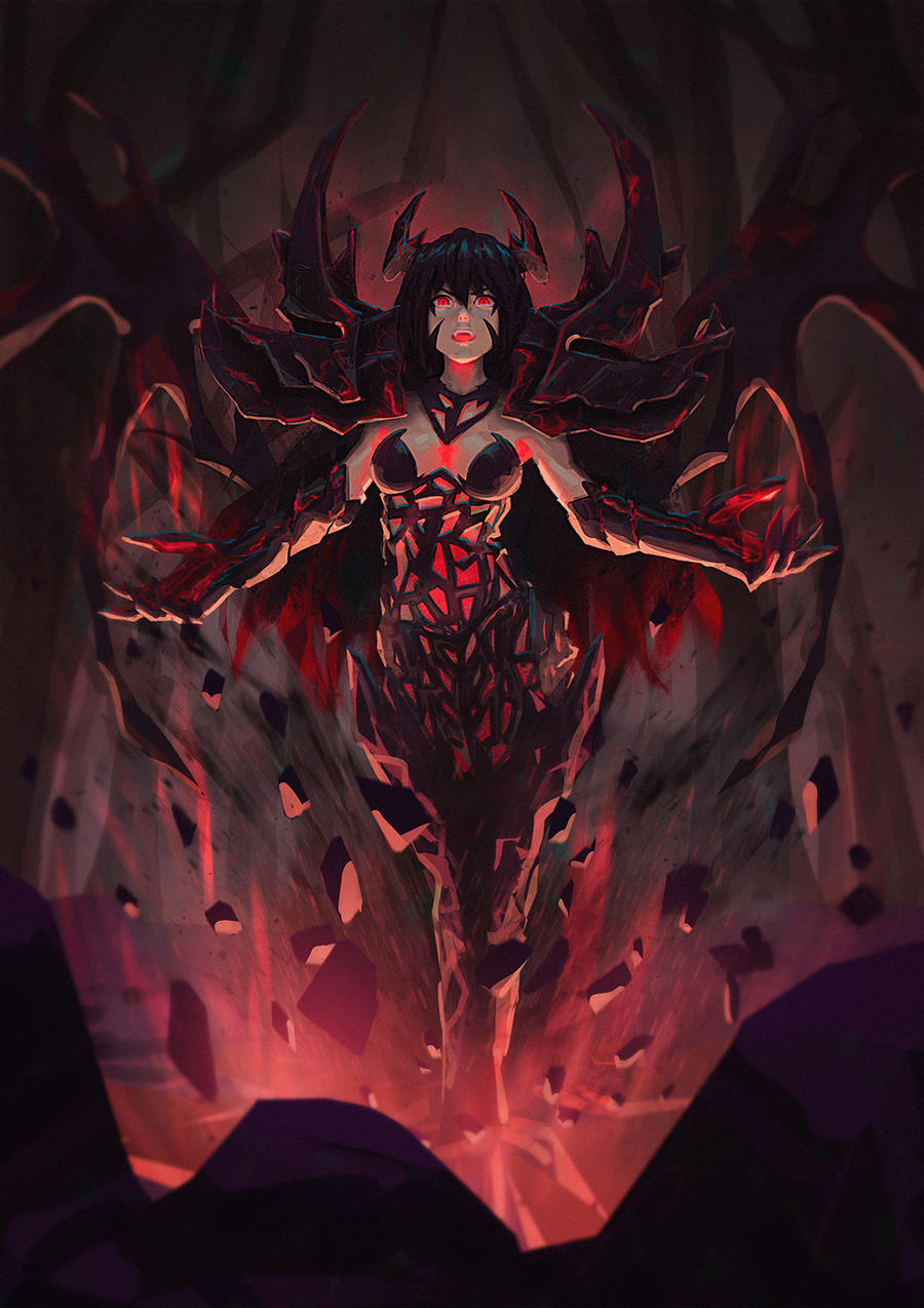1girls 2010s 2019 2d black_hair breasts bryuenart darkness demon demon_girl dota_2 explosion forest full_body genderswap_(mtf) horns humanoid legless light-skinned_female light_skin long_hair looking_at_viewer magic medium_breasts monster monster_girl open_mouth pauldrons red_eyes red_hair rock rule_63 safe shadow_fiend smug solo spell spread_arms straight-on two_tone_hair valve wings