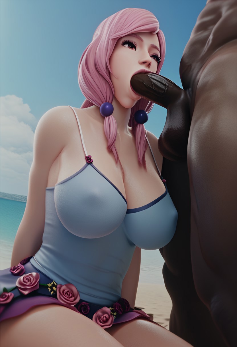 1boy, 1girls, 3d, ai generated, ass, big breasts, big penis, blowjob, breasts, clothed, clothed female nude male, dark skin, dark-skinned male, fellatio, female, female focus, flower, huge ass, huge breasts, huge cock, jojo's bizarre adventure, jojolion, light skin, light-skinned female, male, miniskirt, nipples, on floor, oral, outdoors, outside, outside sex, penis, pink hair, sitting, sitting on floor, sodaglow artist, tank top, yasuho hirose