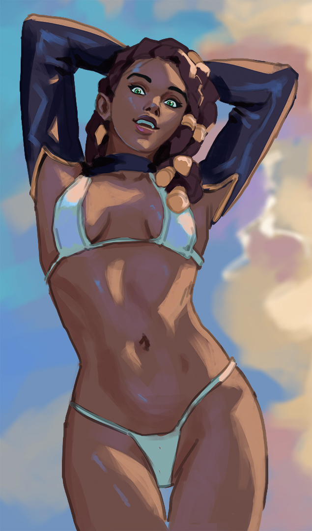 1girls, african, african female, arms behind head, arms up, bikini, braided hair, breasts, dark skin, dark-skinned female, female, flhour, league of legends, looking at viewer, riot games, senna (league of legends), solo, solo female