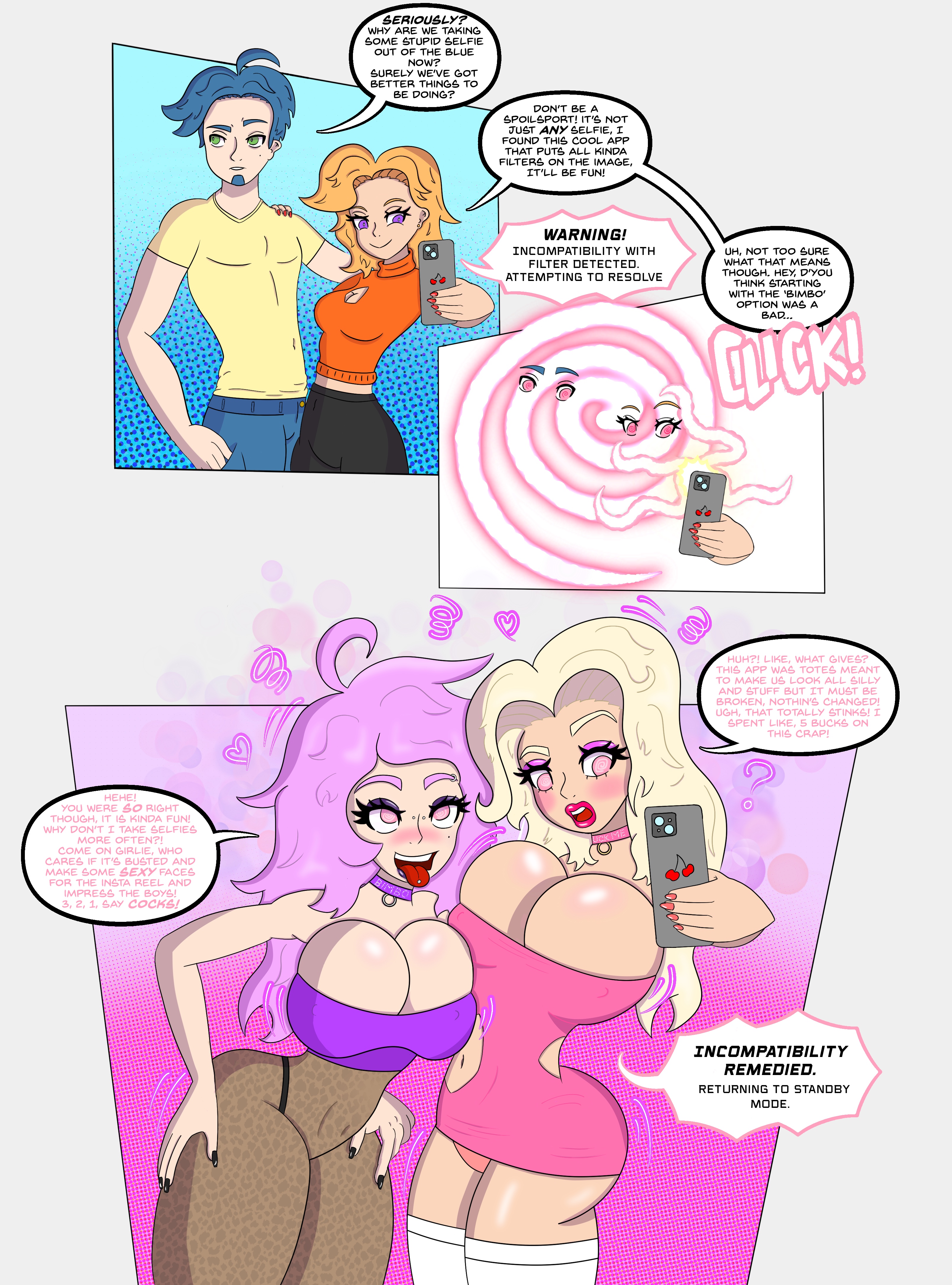 ass expansion, big breasts, big lips, bimbo, bimbofication, blonde hair, breast expansion, breast growth, breast growth (enlargement), breasts, cleavage, english text, female, gender transformation, genderswap, genderswap (mtf), glasses, huge breasts, hypnosis, mind control, morphingbeat, mtf transformation, rule 63, text, transformation, transformation sequence