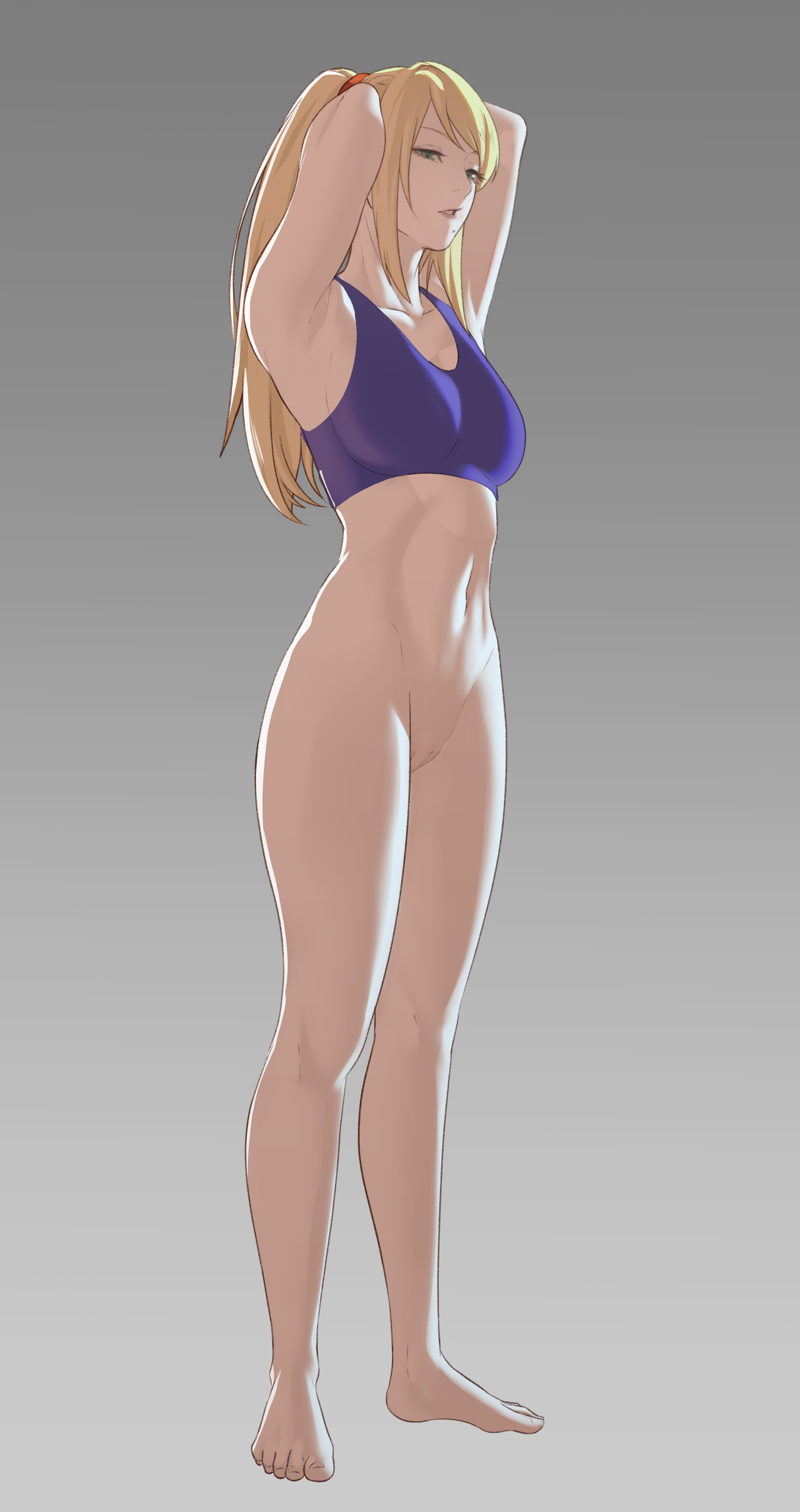 1girls, armpits, arms above head, blonde hair, blue eyes, bottomless, feet, female, fit, fit female, full body, metroid, mole under mouth, nintendo, pomelomelon, samus aran, solo, solo female, variant