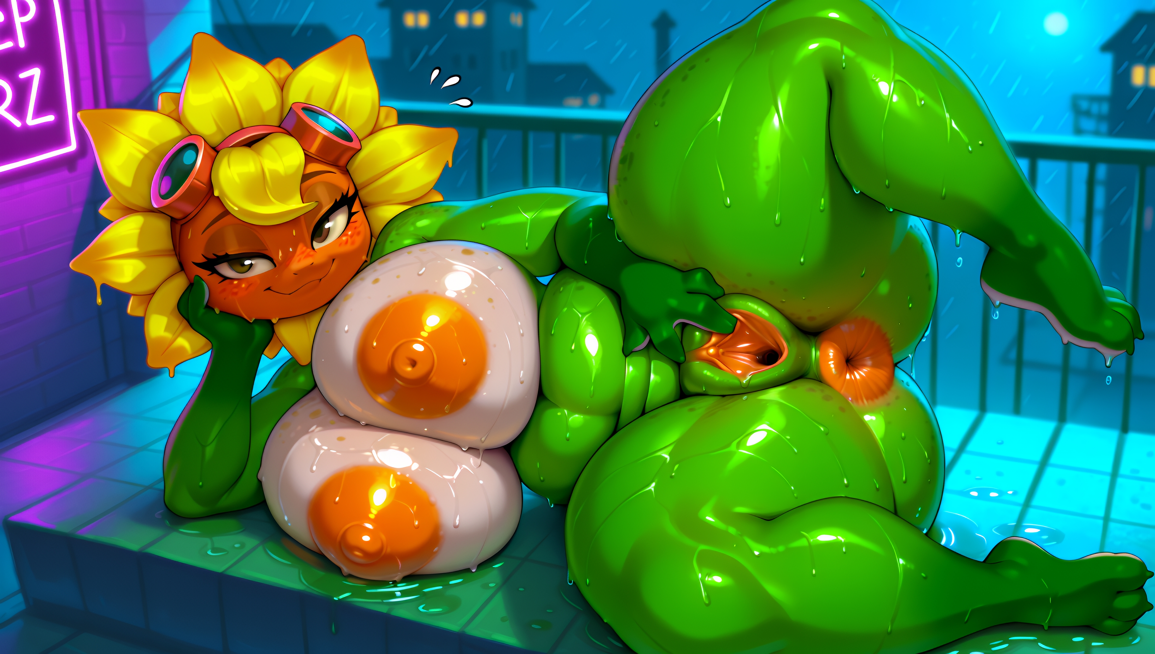 1girls, ai generated, anthro, anus, areolae, ass, barefoot, big anus, big areola, big ass, big breasts, big thighs, breasts, city, claws, dripping, erect nipples, eyebrows, eyelashes, female, female only, flower, flower creature, green body, green skin, happy, hi res, high resolution, highres, huge anus, huge areolae, huge ass, huge breasts, huge thighs, large breasts, looking at viewer, lying, massive ass, massive breasts, night, nipples, outdoors, outside, plants vs zombies, puffy anus, puffy nipples, puffy pussy, pussy, rain, smile, solar flare (pvz), solo, spread pussy, spreading, stable diffusion, sweat, sweatdrop, sweating, sweaty, synthneon, thick ass, thick thighs, wet, wet body, wet skin