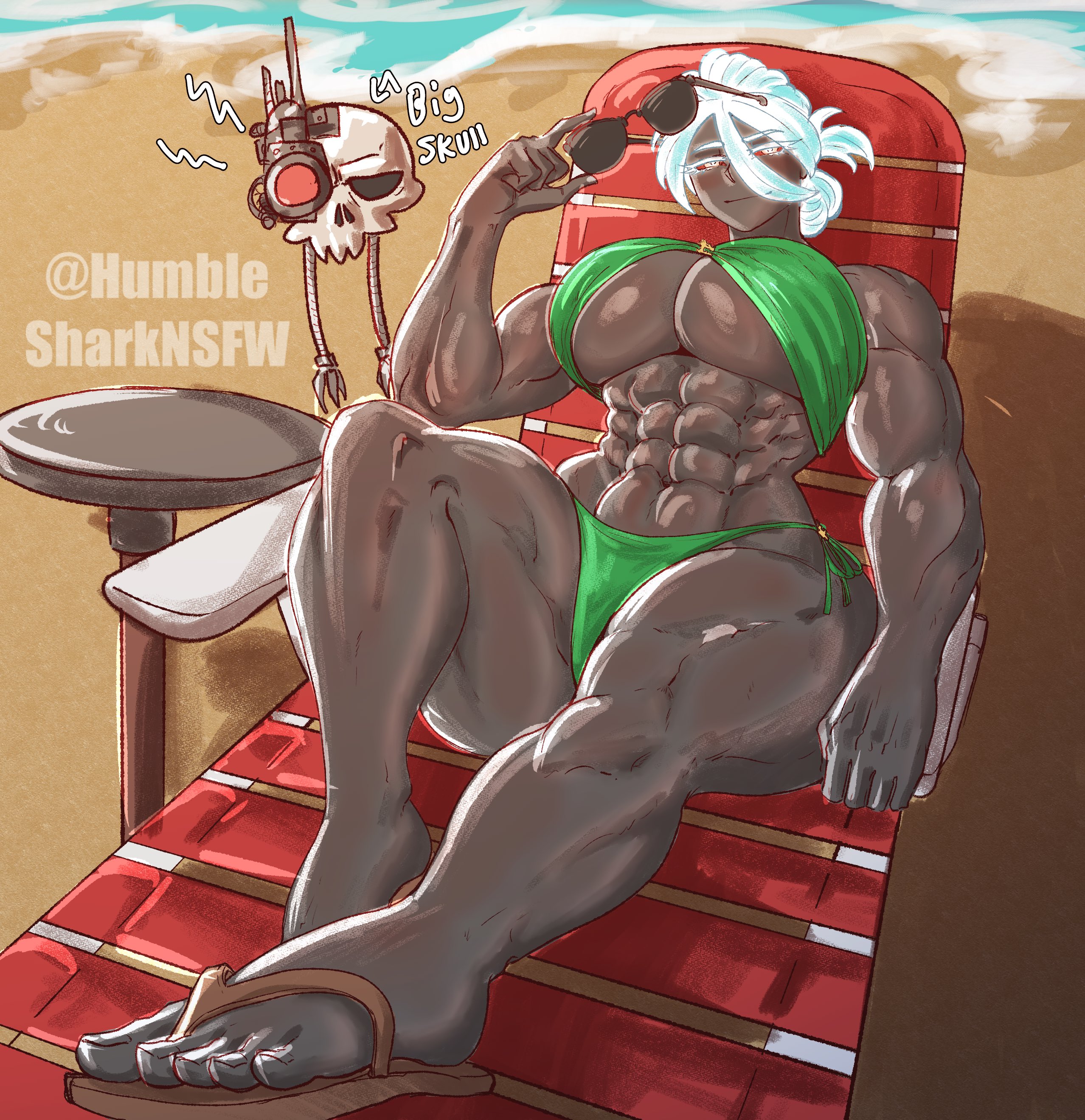 abs, beach, breasts, dark skin, dark-skinned female, female, genderswap, genderswap (mtf), huge breasts, humble shark, imperium of man, muscular, muscular female, post-human, primarch, rule 63, salamanders (warhammer 40k), servo-skull, vulkan, warhammer (franchise), warhammer 40k