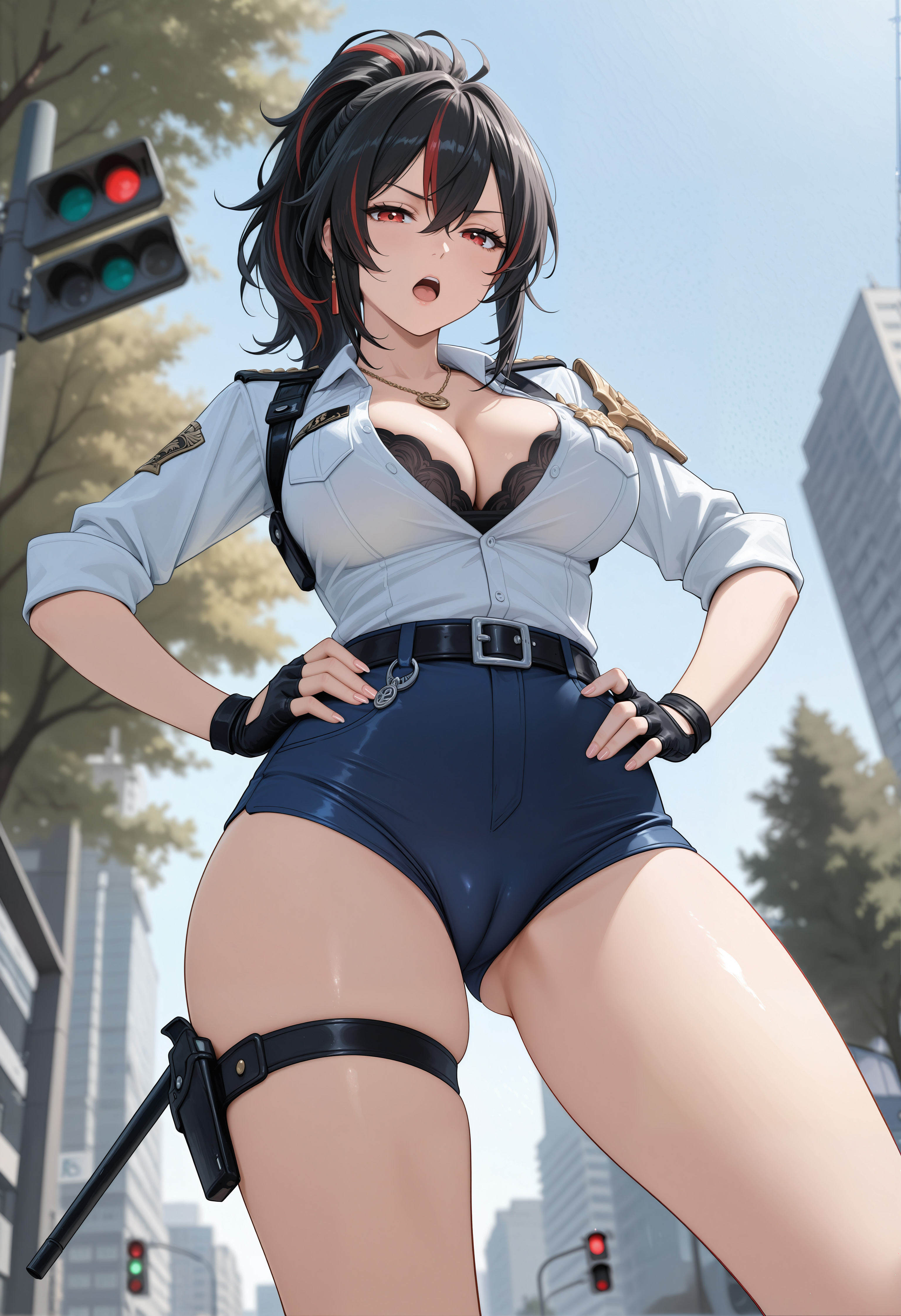 absurd res, ai generated, belt, black bra, black gloves, black hair, breasts, cleavage, collared shirt, female, fingerless gloves, hands on hips, high resolution, highres, large breasts, looking at viewer, multicolored hair, open mouth, outdoors, police uniform, policewoman, ponytail, red eyes, red hair, shorts, streaked hair, thigh strap, thighs, white shirt, zenless zone zero, zhu yuan