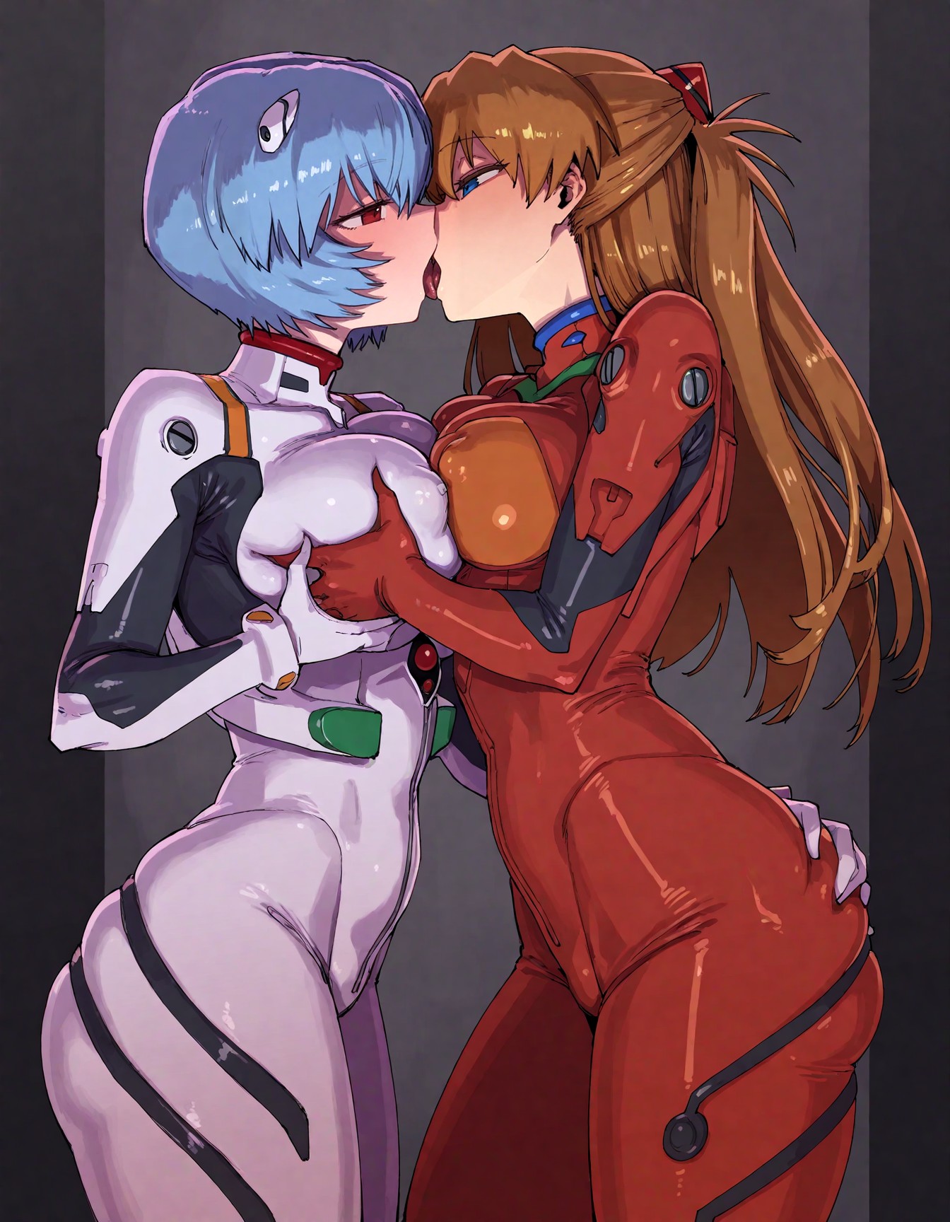 ai generated, ass, ass grab, asuka langley sohryu, asymmetrical docking, blue eyes, blue hair, blush, bodysuit, bolt on tits, breast grab, breast implants, breasts, covered nipples, cowboy shot, enhanced breasts, fake breasts, female, french kiss, from side, goonedoutp3rv, grabbing another's ass, grabbing another's breast, grabbing own breast, hair ornament, kissing, large breasts, long hair, looking at another, medium breasts, neon genesis evangelion, orange hair, pilot suit, red eyes, rei ayanami, short hair, silicone, silicone implants, skin tight, twintails, yuri