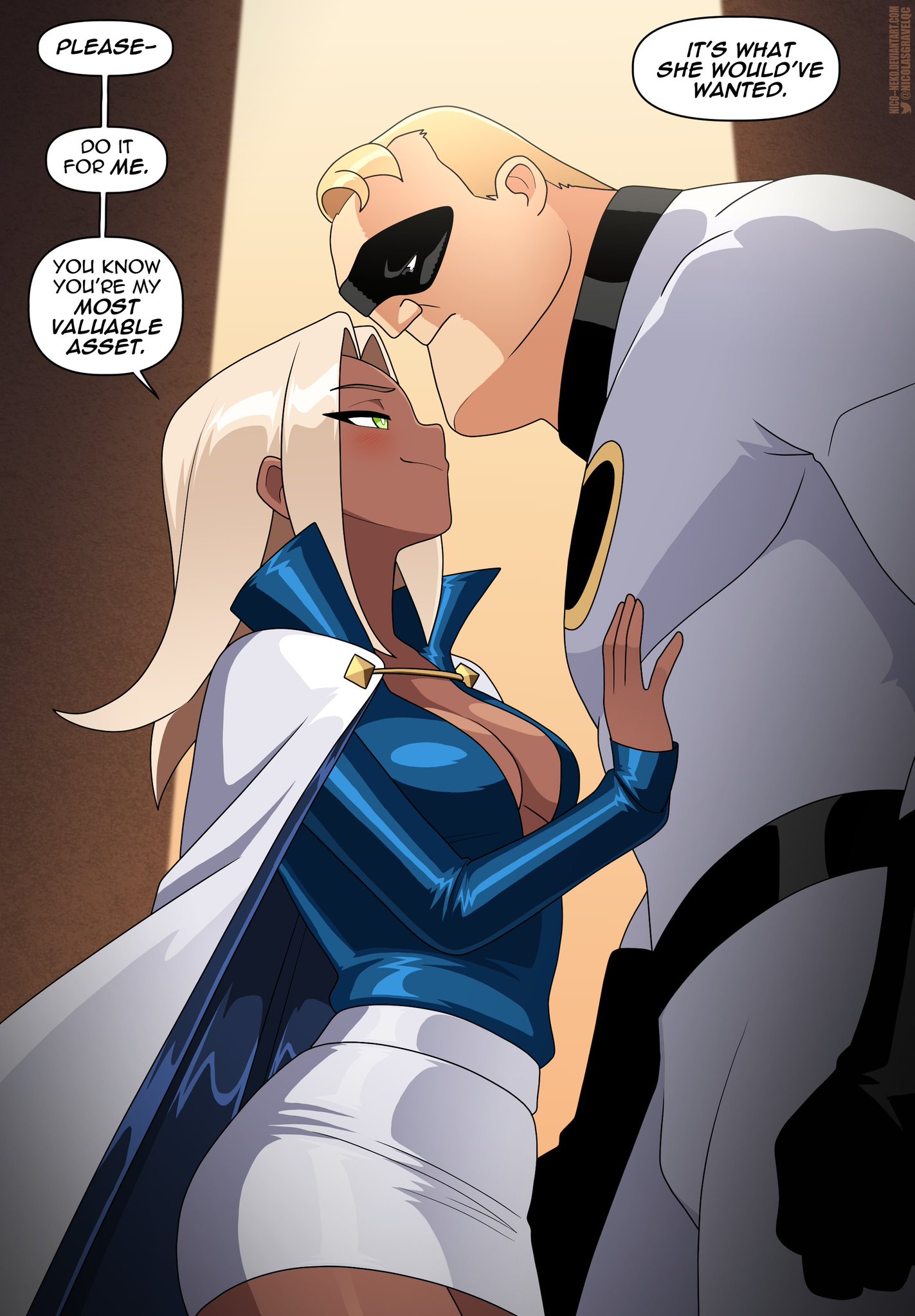 1boy, 1girls, alternate universe, ass, big ass, big breasts, breasts, bust, busty, chest, curvaceous, curvy, curvy figure, dark skin, dark-skinned female, digital media (artwork), disney, female, hips, hourglass figure, huge ass, huge breasts, large ass, large breasts, legs, light skin, light-skinned male, male, male/female, mature, mature female, mirage (the incredibles), mr. incredible, nico-neko, nicolasgravelqc, oc, original character, pixar, robert parr, slim waist, straight, the incredibles, thick, thick hips, thick legs, thick thighs, thighs, villain, villainess, villainess mirage, voluptuous, waist, wide hips