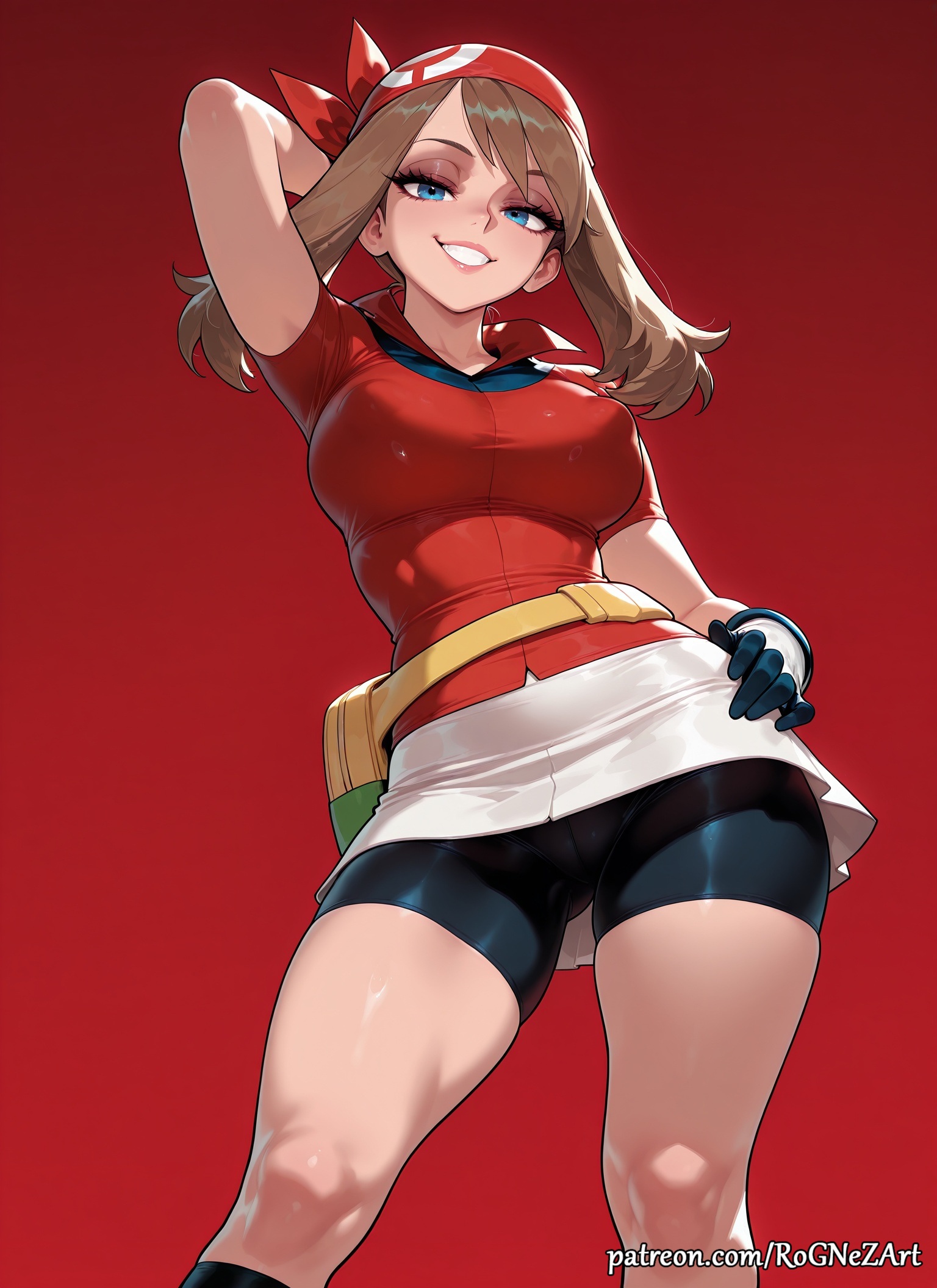 1girls, 2026, ai generated, anime, arm behind head, arm up, ass visible through thighs, bandana, bangs, bike shorts, black socks, blue eyes, breasts, brown hair, cameltoe, cleavage, covered nipples, crossover, eye contact, fanny pack, female, female focus, female only, gloves, grin, hand on hip, handwear, highres, huge breasts, large breasts, looking at viewer, may (pokemon), nintendo, nsfw, patreon, patreon username, pokemon, pokemon rse, red background, red bandana, red shirt, rognezart, shirt, short sleeves, shorts, skirt, smile, smiling, solo, teeth, white skirt