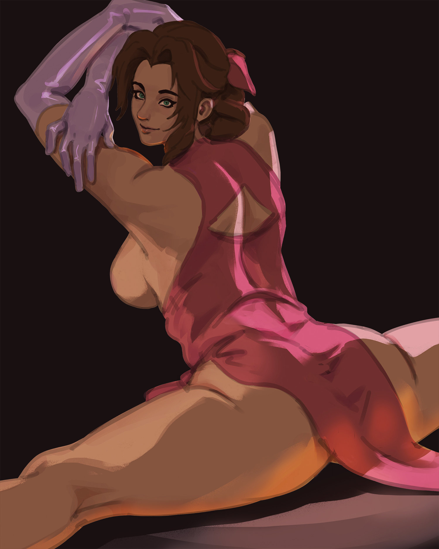 1girls, aerith gainsborough, arms up, ass, big ass, big breasts, blue eyes, breasts, breasts out, brown hair, dress, female, final fantasy, final fantasy vii, final fantasy vii remake, fit female, flhour, gloves, looking at viewer, looking back, partially clothed, solo, solo female, splits