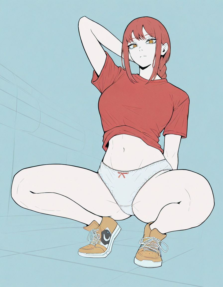 1girls, ai generated, chainsaw man, female, makima (chainsaw man), panties, red hair, red shirt, shirt and panties, solo, white panties, zloimakak