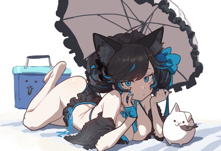 1girls, beach, breasts, cat, cute, dead fish, ebora, female, huge breasts, kasli the bane, looking at viewer, the battle cats, youngmanisdown