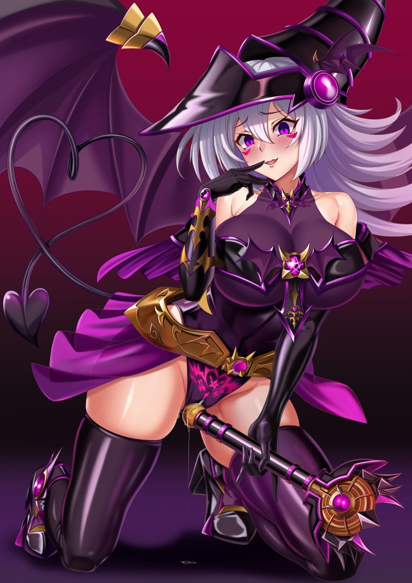 alternate costume, big breasts, breasts, corruption, dark magician girl, dark persona, demon, demon girl, demon tail, demon wings, female, purple eyes, pussy, pussy juice, succubus, tagme, wand, yu-gi-oh!