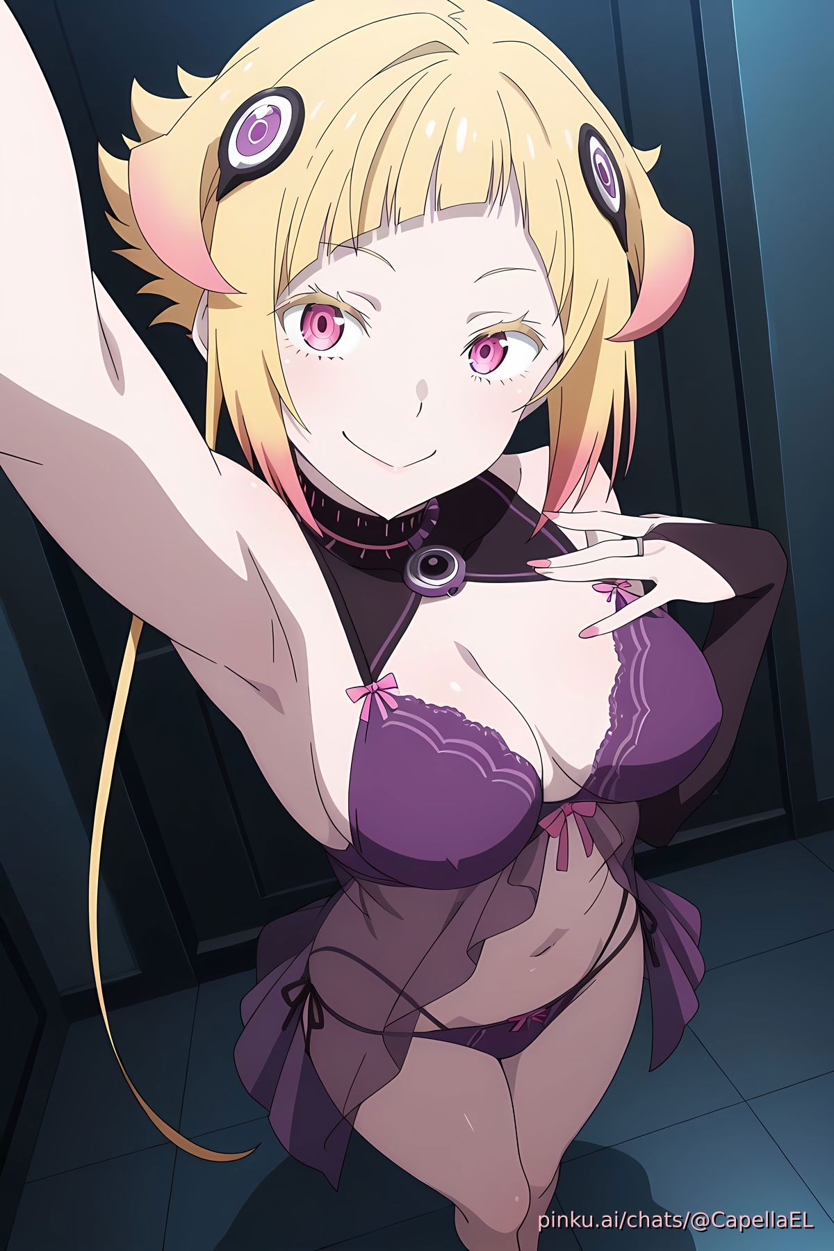 ai generated, armpits, belly, big breasts, blonde hair, breasts, capella emerada lugunica, collar, demon, female, from above, full body, gloves, lingerie, pinku.ai, re:zero kara hajimeru isekai seikatsu, selfie, standing, succubus