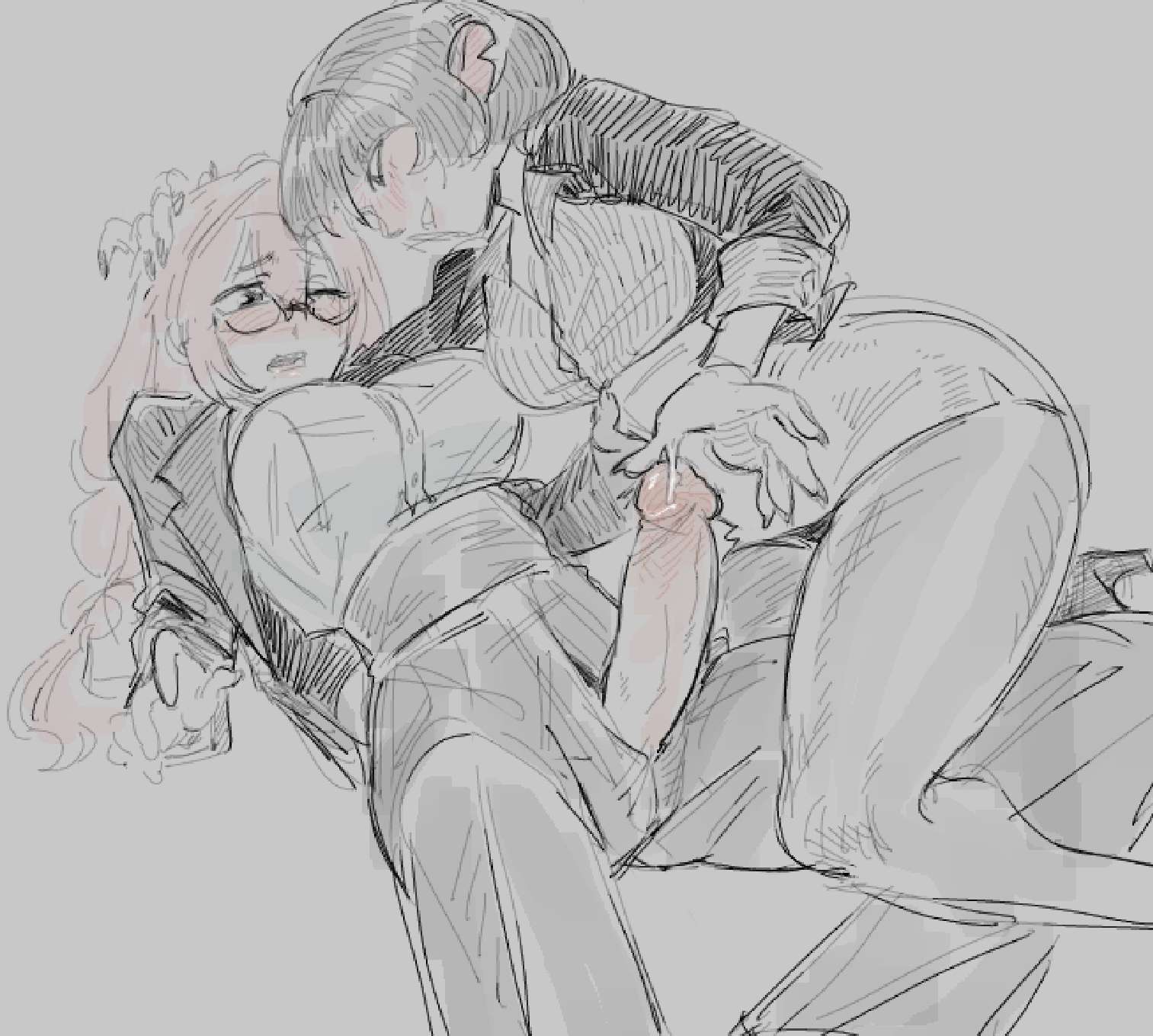1futa, 1girls, backwards penis, blush, erection, female, femdom, fully clothed, futa on female, futa with female, futanari, hand on penis, intersex, jane doe (zenless zone zero), leaking cum, mihoyo, penis, precum, sketch, sweeter kiwiis, tsukishiro yanagi, uncensored, zenless zone zero