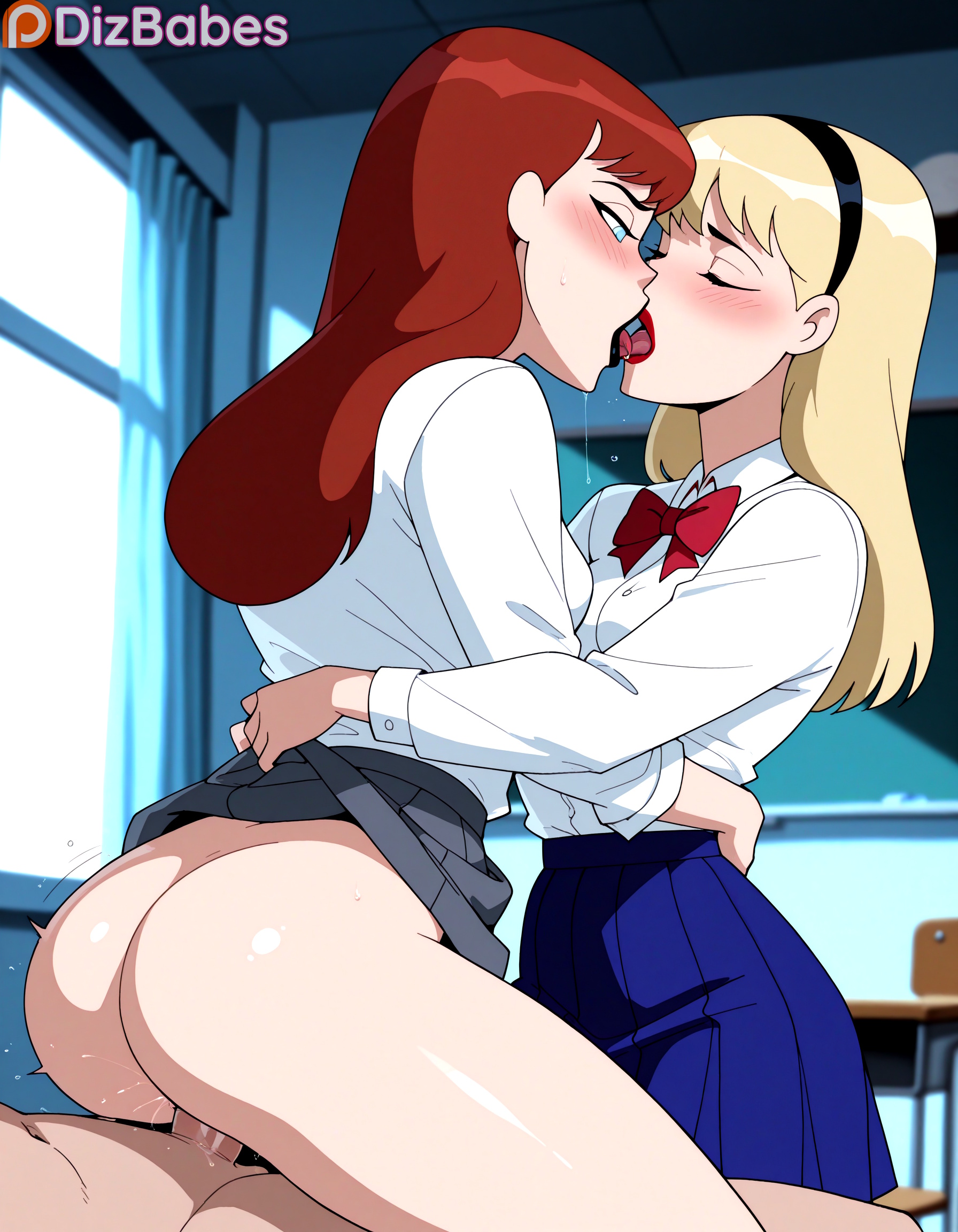 1boy, 2girls, ai generated, ass, barbara gordon, batgirl, batgirl (barbara gordon), batman, batman (bruce wayne), batman (series), batman: the animated series, black lipstick, blonde hair, blue eyes, blush, bruce wayne, chris kent, clark kent, classroom, dc, dc comics, dcau, desk, dizbabes, dress shirt, ffm threesome, french kiss, hairband, head tilt, hug, jon-al, justice league unlimited, kara zor-el, kissing, lesbian kiss, lipstick, long hair, makeup, miniskirt, motion lines, open mouth, partial male, pleated skirt, pussy juice, red hair, red lips, reverse cowgirl position, school, school uniform, schoolgirl, sex, skirt, skirt lift, stable diffusion, superboy, superboy (chris kent), supergirl, supergirl (dcau), superhero, superheroine, superman, superman (clark kent), superman (series), superman: the animated series, swept bangs, the new batman adventures, threesome, tongue out, unseen male face, vaginal penetration