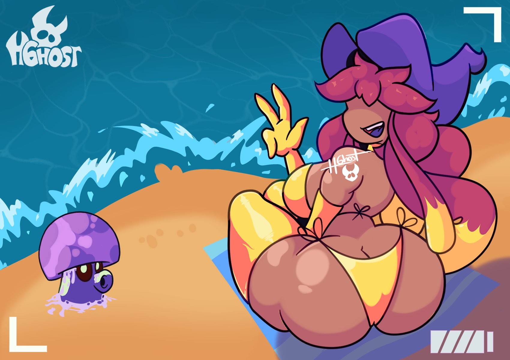 1girls, after sex, after vore, anthro, anthrofied, ass, beach, bikini, breasts, eyes covered, female, flora fauna, golden bikini, golden week, hair over eyes, hghost, implied sex, implied vore, improvised dildo, improvised sex toy, larger female, living sex toy, male, plant, plant girl, plant humanoid, plantie, plants vs zombies, plants vs. zombies, popcap games, puff-shroom (pvz), pussy, pussy juice, pussy juice drip, pussy juice trail, smaller male, unbirthing, vore, witch, witch hazel (pvz)