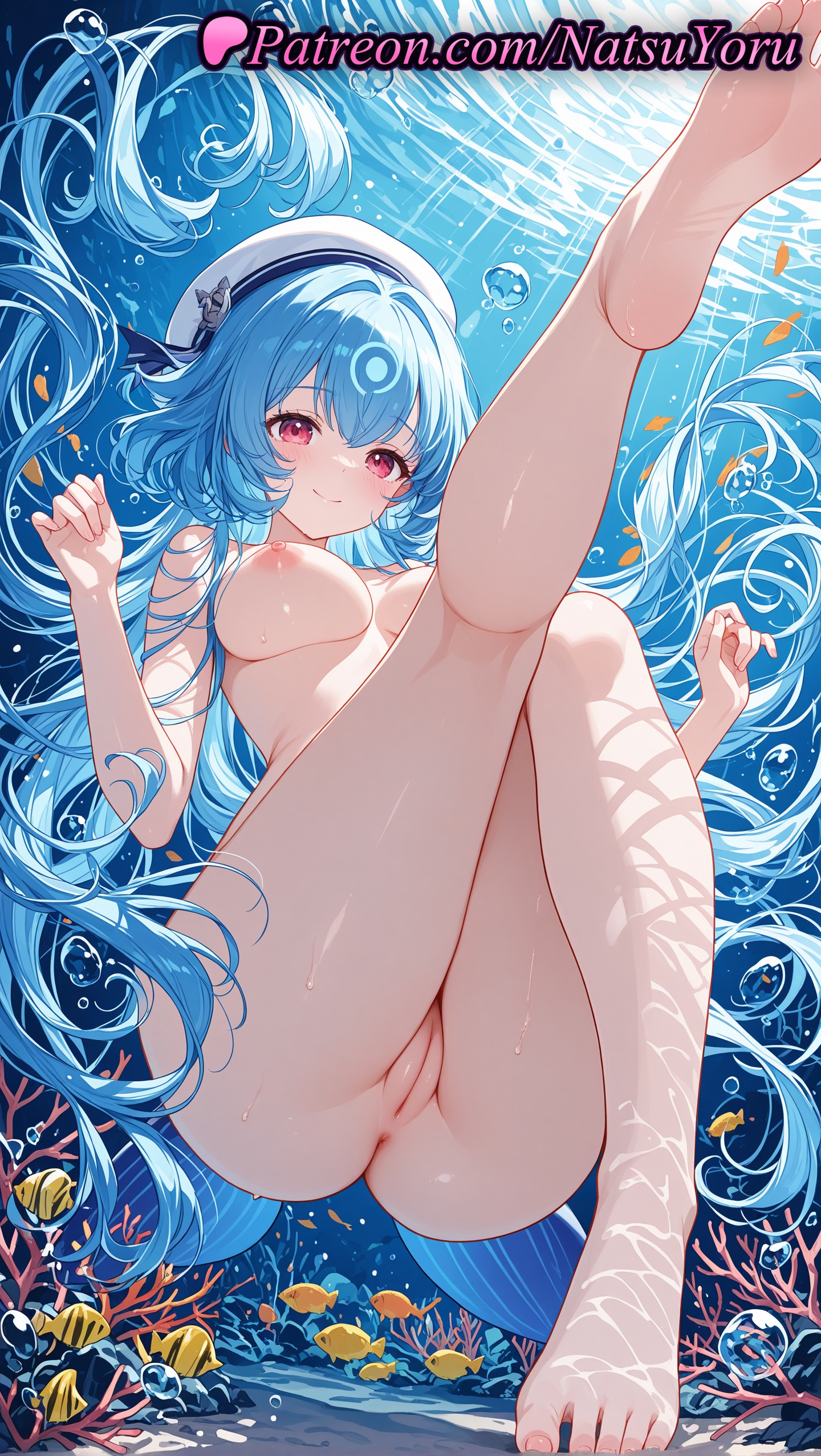 1girls, 2025, ai generated, air bubble, anus, ass, bangs, barefoot, beret, blue hair, breasts, bubble, caustics, cleft of venus, closed mouth, clownfish, completely nude, coral, feet, female, fish, hat, hi res, highres, kneepits, large breasts, legs, legs up, long hair, looking at viewer, natsuyoru, nipples, nude, pale skin, patreon, pussy, smile, soles, solo, thighs, toes, tropical fish, uncensored, underwater, vagina, very long hair, voluptuous, voluptuous female, white headwear