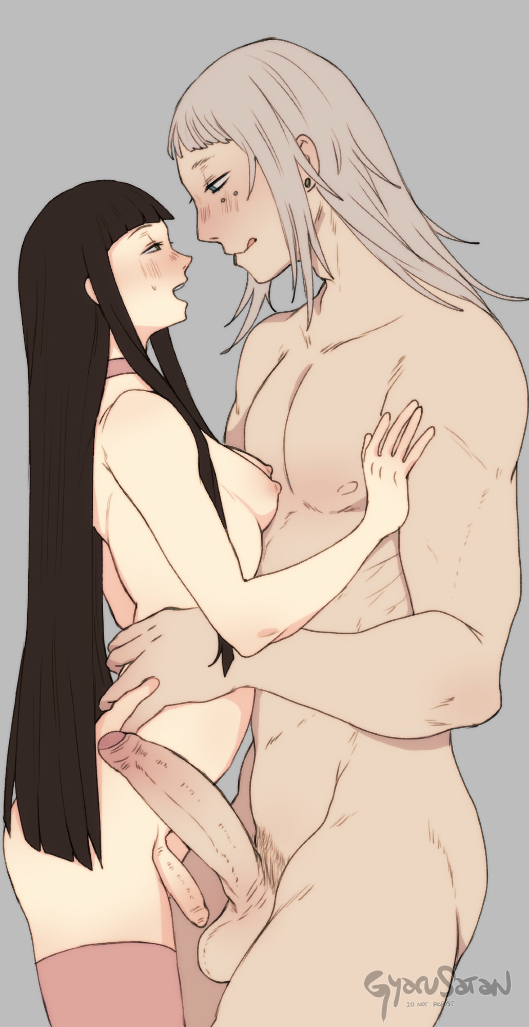 :q, 1boy, 1futa, areolae, balls, bangs, black hair, blunt bangs, blush, breasts, choker, eye contact, futa is smaller, futanari, grey background, gyarusatan, hi res, intersex, intimate, long hair, looking at each other, male, male is bigger, male on futa, male/futa, mishka (gyarusatan), narrowed eyes, nipples, nude, nude futa, nude male, penis, penis size difference, piercing, pink thighhighs, rin (gyarusatan), sidelocks, simple background, small breasts, small penis, smile, smiling at partner, thighhighs, white hair