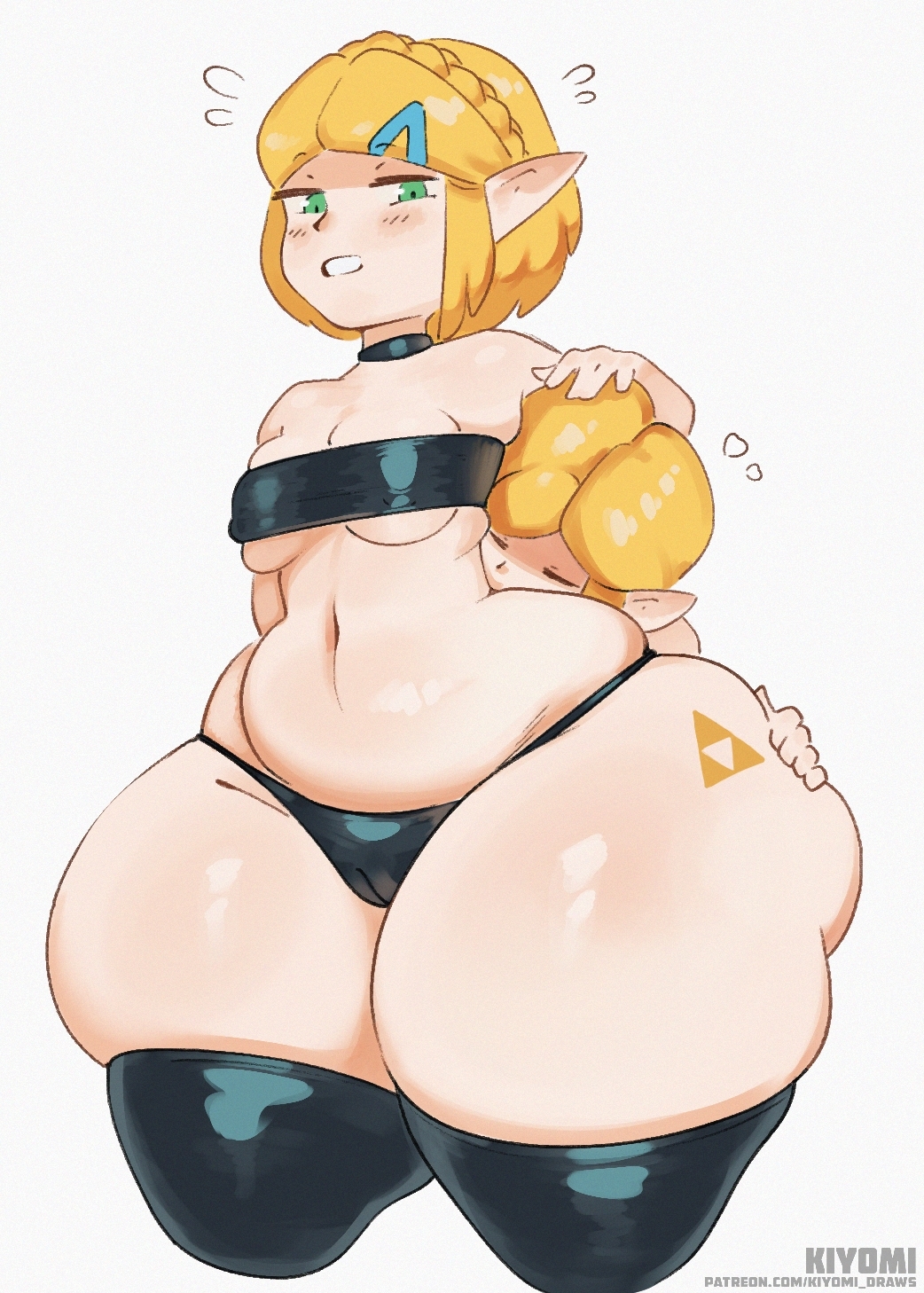 1boy 1girls ass_bigger_than_head bikini black_bikini breasts elf elf_ears elf_female elf_girl elf_male green_eyes headpat hearts_around_head hyper hyper_ass kiyomi_draws link link_(breath_of_the_wild) princess_zelda small_breasts tagme thick_thighs triforce wide_hips zelda_(breath_of_the_wild)