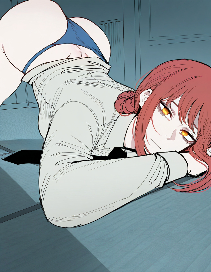 1girls, ai generated, blue panties, chainsaw man, female, female only, makima (chainsaw man), panties, red hair, shirt, shirt and panties, solo, top-down bottom-up, white shirt, yellow eyes, zloimakak