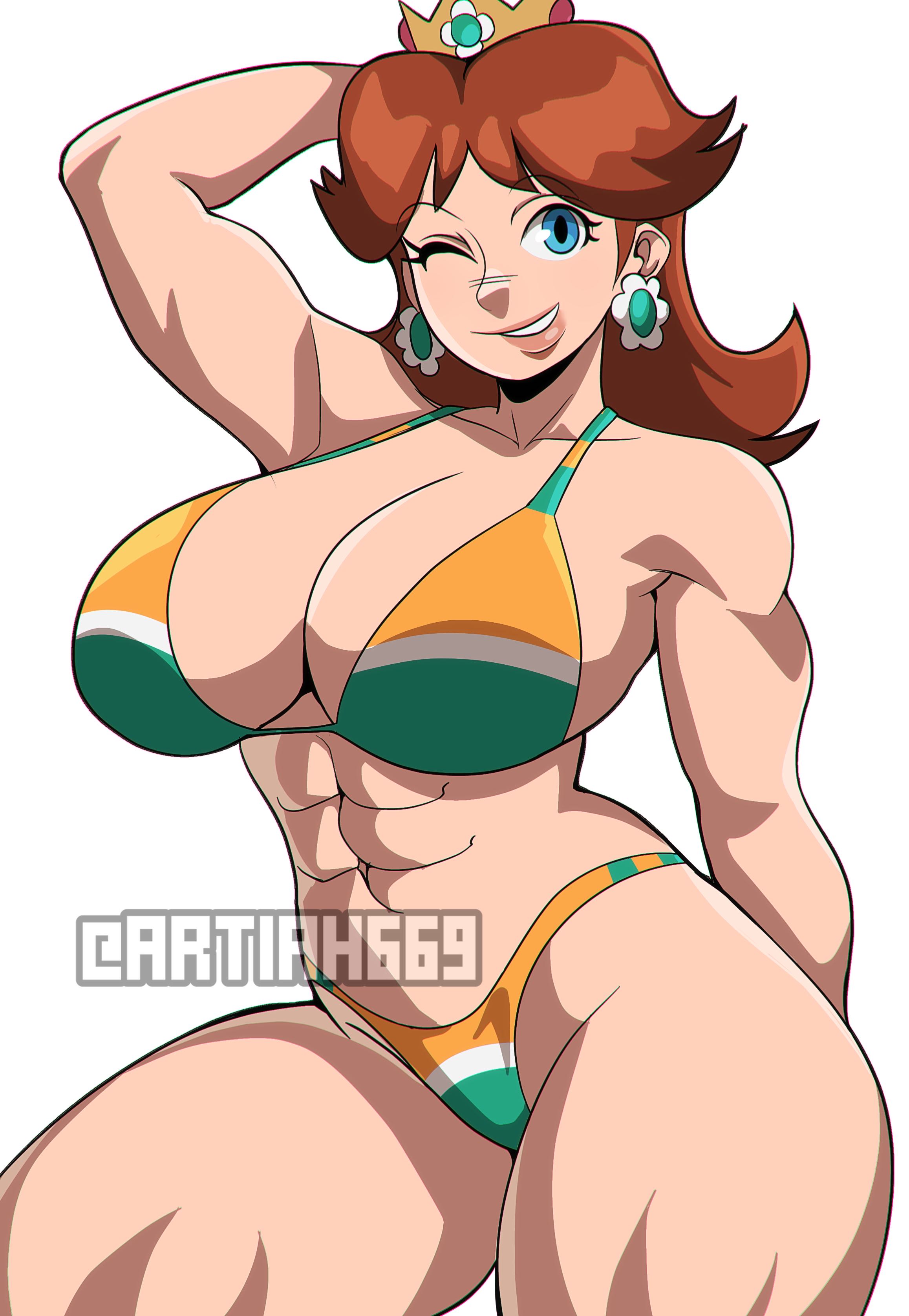 1girls, abs, artiah669, big breasts, big thighs, bikini, bikini bottom, bikini top, breasts, breasts bigger than head, curvaceous, curvy, curvy figure, fanart, female, female only, fit, fit female, fleshpie669, huge breasts, huge thighs, large breasts, mario (series), muscular female, pinup, posing, posing for the viewer, princess daisy, super mario bros., thick legs, thick thighs, wide hips, wide thighs, wink, winking at viewer